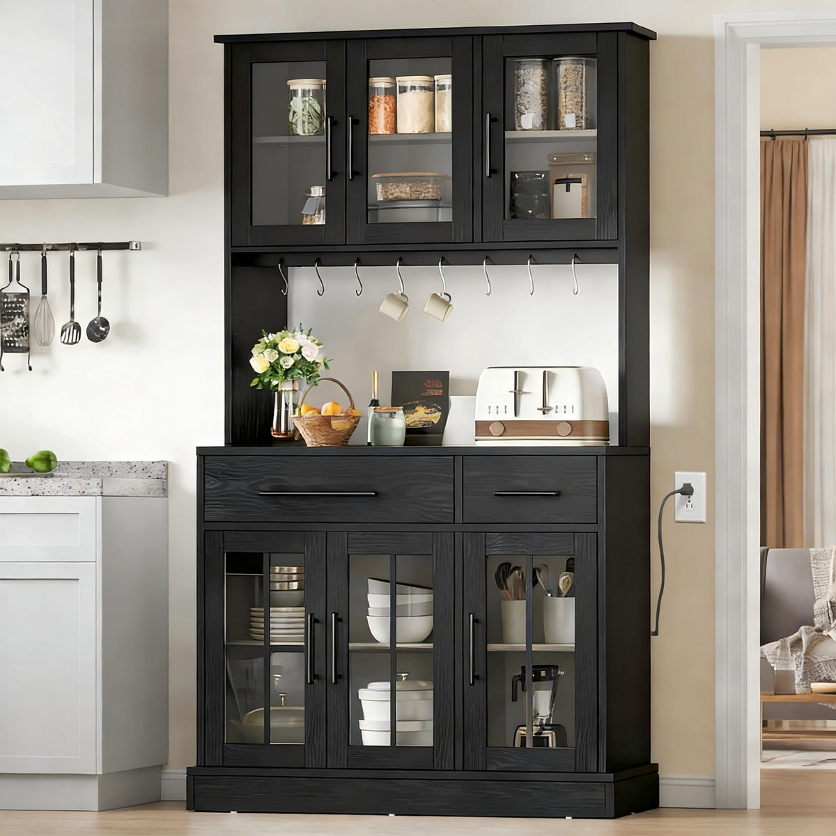YITAHOME 71'' Kitchen Pantry Storage Cabinet with Microwave Stand, Tall Freestanding Hutch Cabinet with Power Outlet, Pantry Cabinets with Buffet Cupboard, Drawers and Acrylic Doors for Home, Black