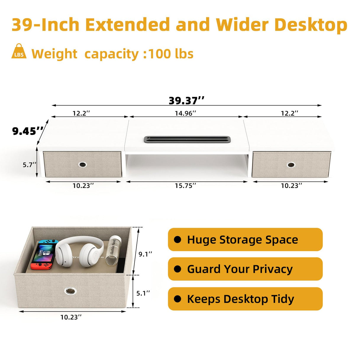 39 Inch Dual Monitor Stand Riser with 2 Drawers - Large White Wooden Computer Stand for 2 Monitors, Ergonomic Desk Organizer with Phone Holder, Desktop Storage for Laptop, Office Supplies, Home Office