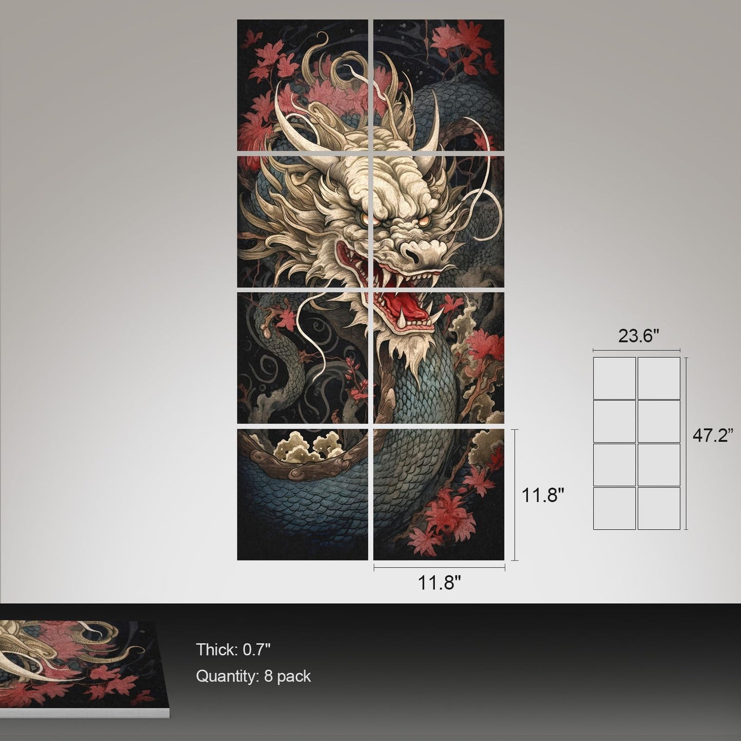 UMIACOUSTICS 8 Pcs 0.7Inch Thick Art Acoustic Panels, Total 47.2” x 23.6” Decorative Sound Absorbing Wall Panels for Home, Office, Hotel, Dragon-pattern-Painting