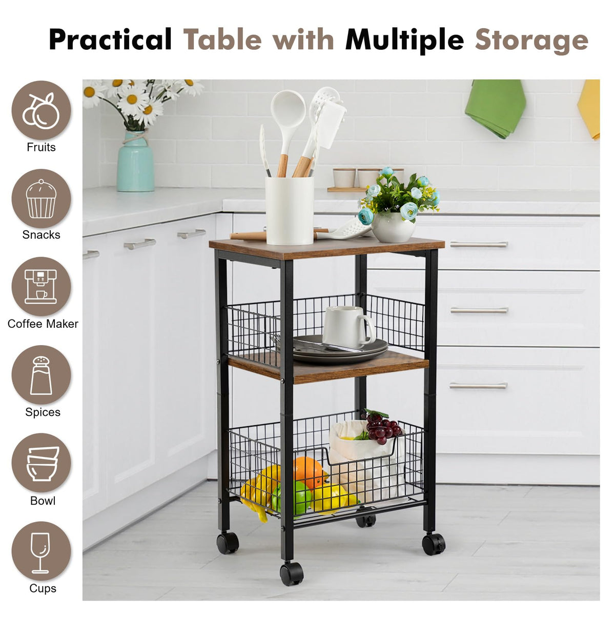 Hadulcet Small End Table, 3-Tier Side Table with Storage Basket, Industrial Style Side End Table for Living Room Bedroom Kitchen Bathroom, Rustic Brown