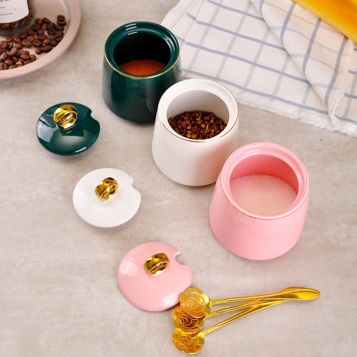 WHJY Ceramic Sugar Bowl with Lid and Spoon, Simple White Clear Porcelain Salt Bowl Salt Container, Modern Spice Box Seasoning Jar for Home and Kitchen Coffee Bar - Green