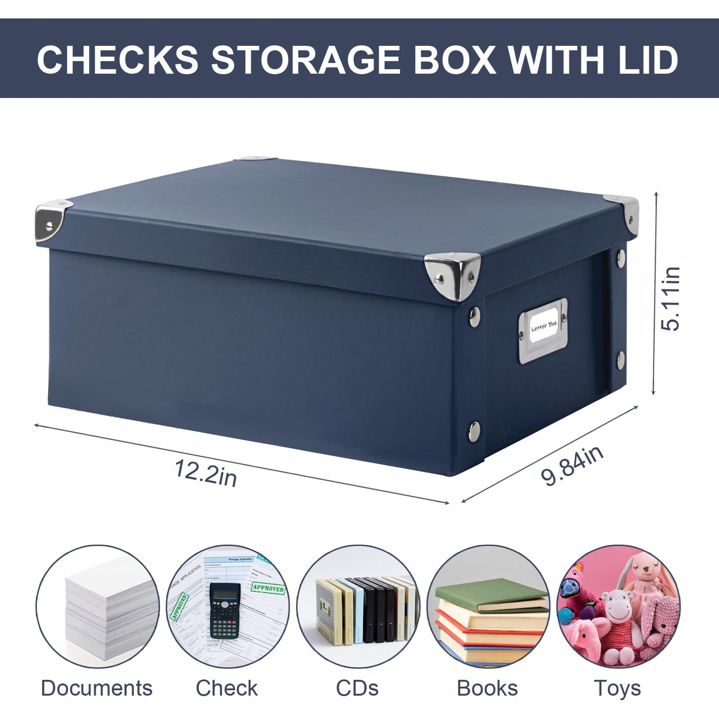 DLUGOPIS Checks Storage Box with Lid Document Boxes Banker Boxes Document Bin Foldable Cardboard Record Boxes For Business Pesonal Orangize Files 12"x10"x5"(Navy Blue, 1 pcs)