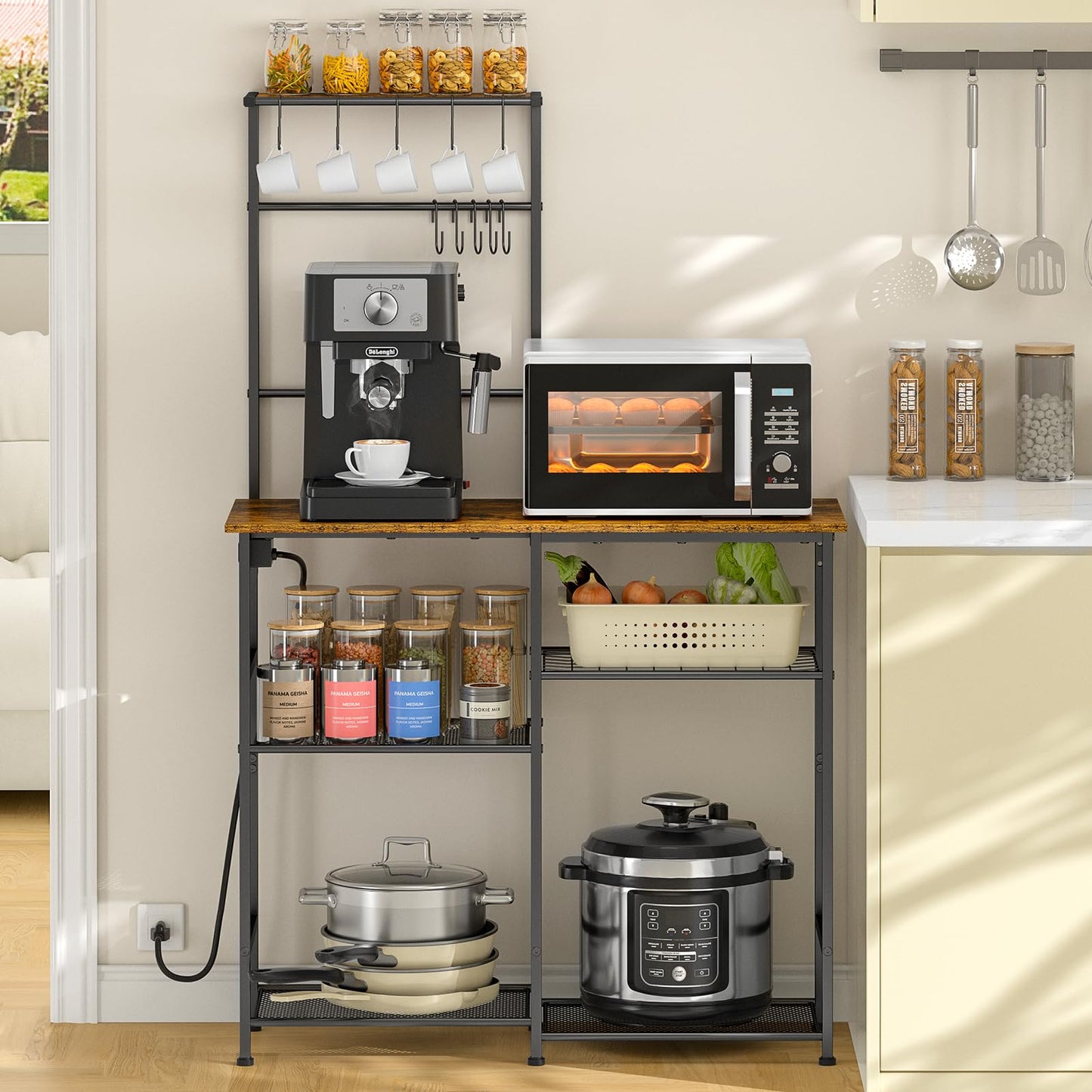 3IngSeagulls Bakers Rack with Power Outlet, Kitchen Microwave Stand with 10 S-shaped Hooks, 6-Tier Coffee Bar Station, Kitchen Storage Shelf Rack for Spices, Pots, Rustic Brown