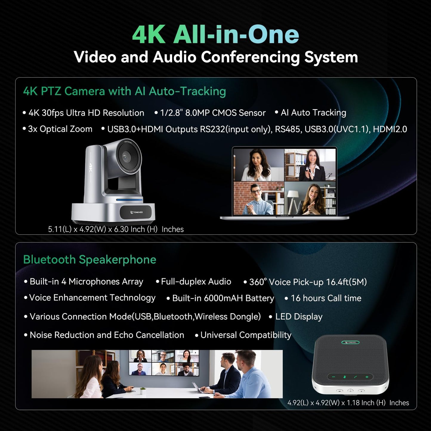 4K Conference Room Camera System, AI Auto-Tracking 4K PTZ Camera 3x Optical Zoom 92° Wide-Angle and Bluetooth Speakerphone 16.4FT Voice Pickup for Conferencing Worship Church Education Medical