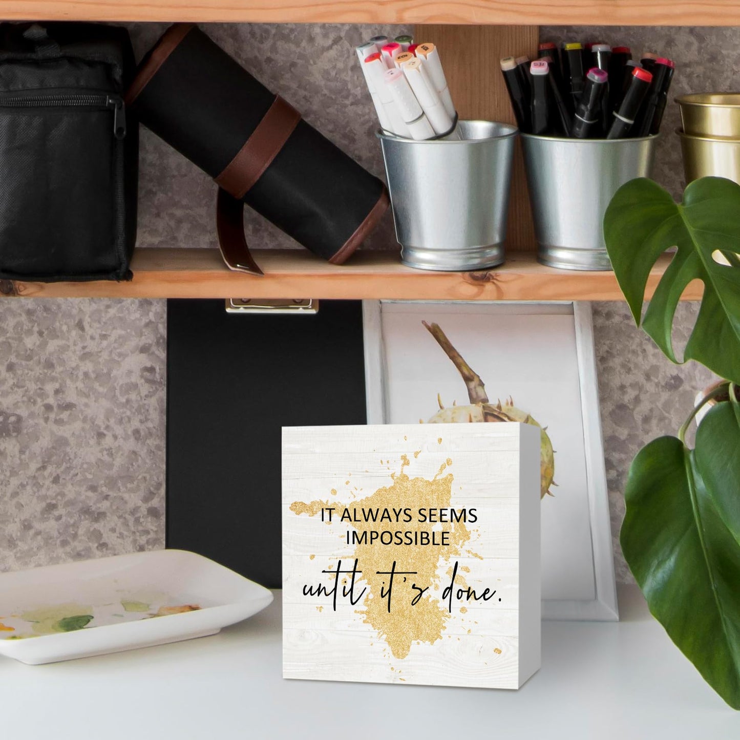 KFXHANGD Office Gold Wooden Box Sign Desk Inspiring Quotes It Always Seems Impossible Until It's Done Office Motivational Decorative Signs for Office, Inspirational Home Shelf Desk Decor 5x5 Inch
