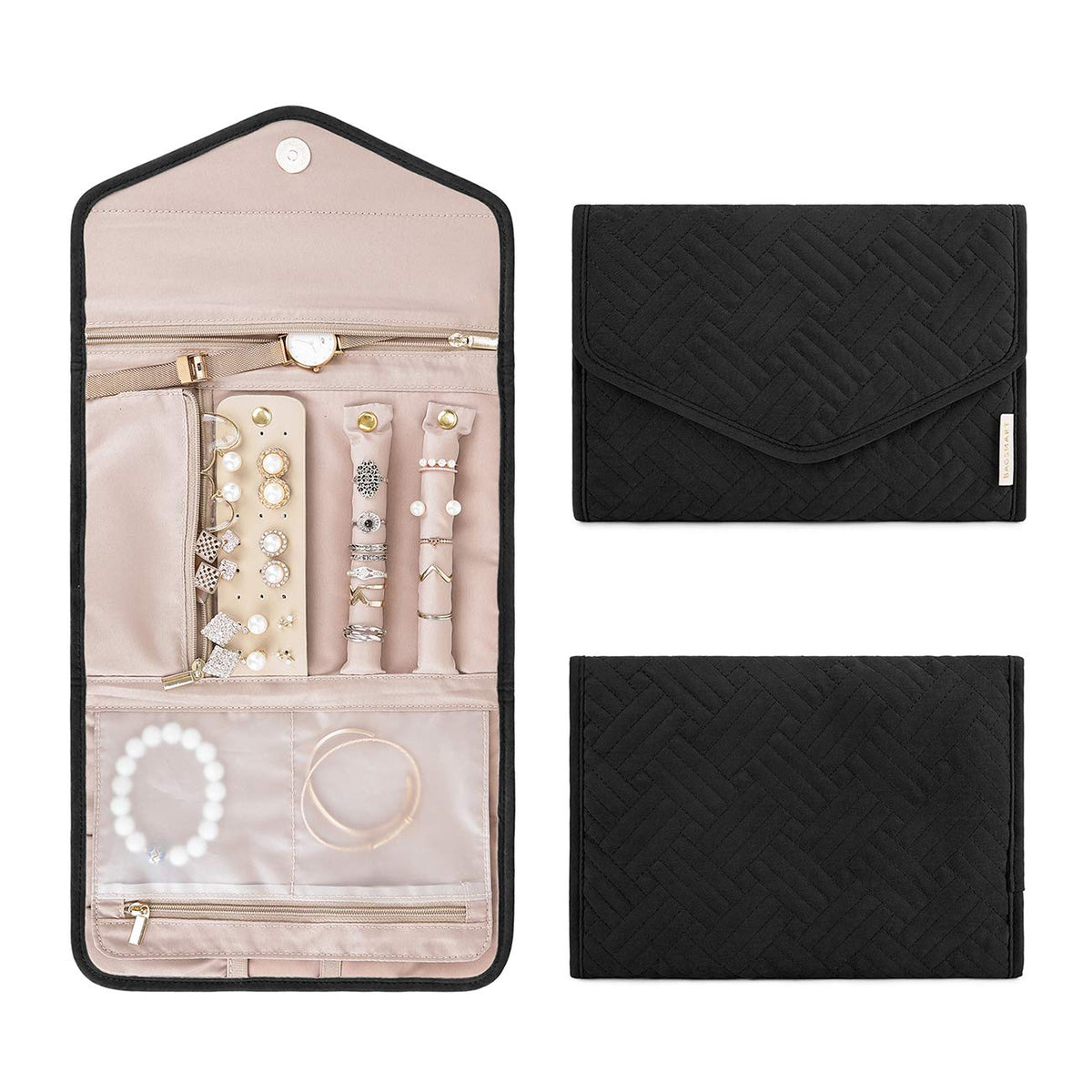 BAGSMART Travel Jewelry Organizer Roll Foldable Jewelry Case for Journey-Rings, Necklaces, Bracelets, Earrings, Black