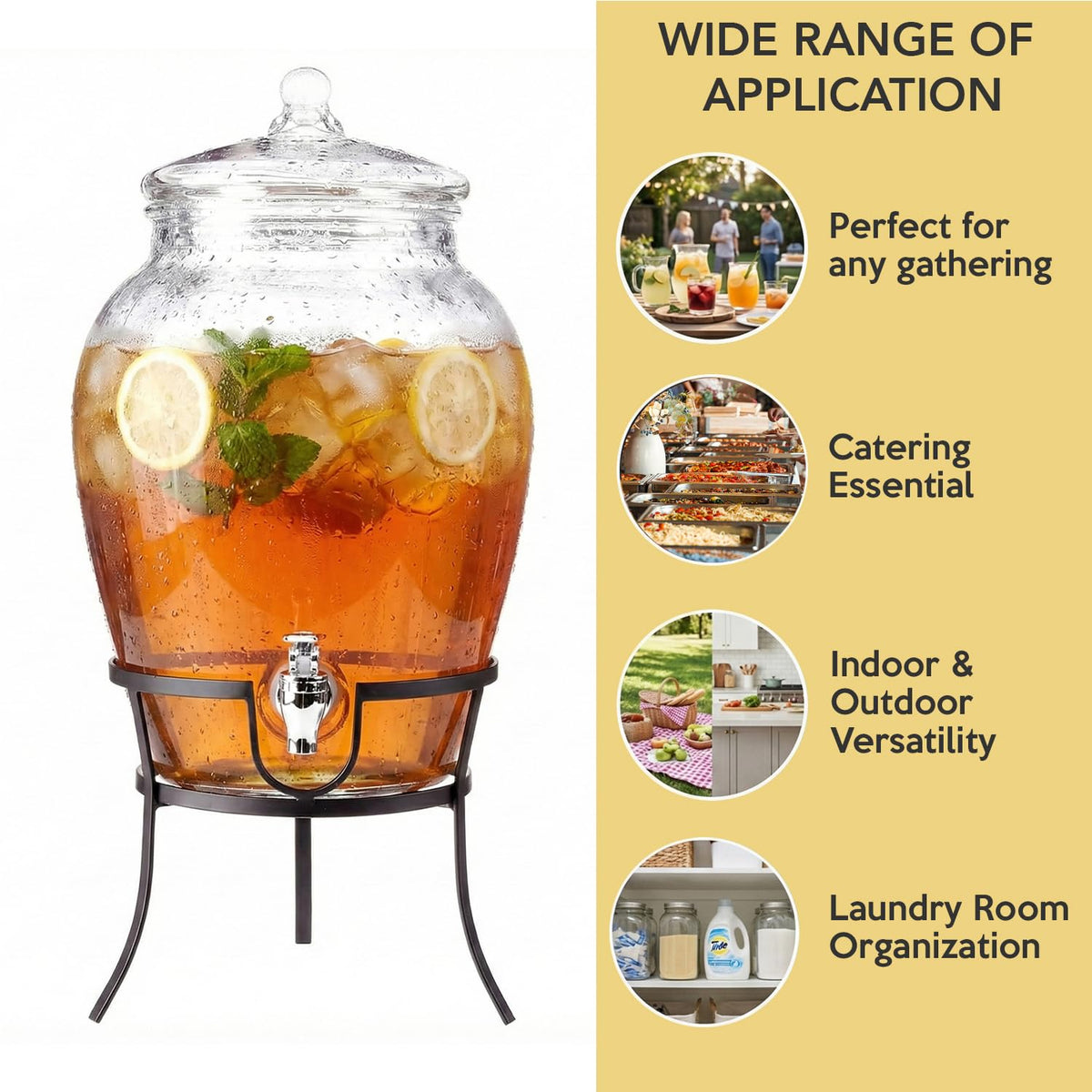 Style Setter Beverage Dispenser Cold Drink Dispenser Glass Jug, Metal Stand & Leak-Proof Acrylic Spigot Great for Parties, Weddings & More (With Metal Rack)