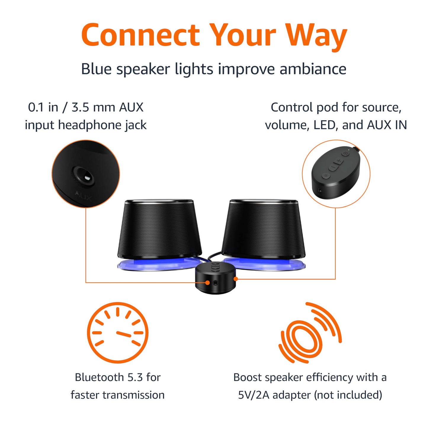 Amazon Basics Bluetooth Computer Speakers with USB 3.0, LED Blue Lighting, Volume Control, USB Powered, Set of 2