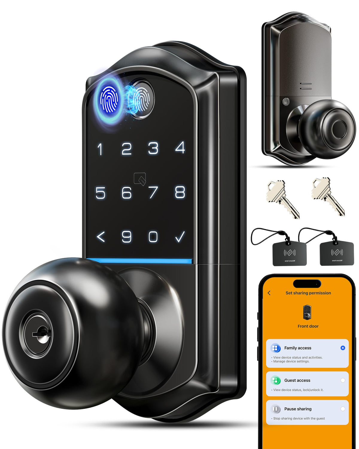 Veise VE018 Smart Knob Handle Lock - Fingerprint, App Control, Keyless Entry for Front Door and Bedroom, Electronic Digital Keypad, Auto Lock, Remote Access Sharing, IP55 Weatherproof, Matte Black