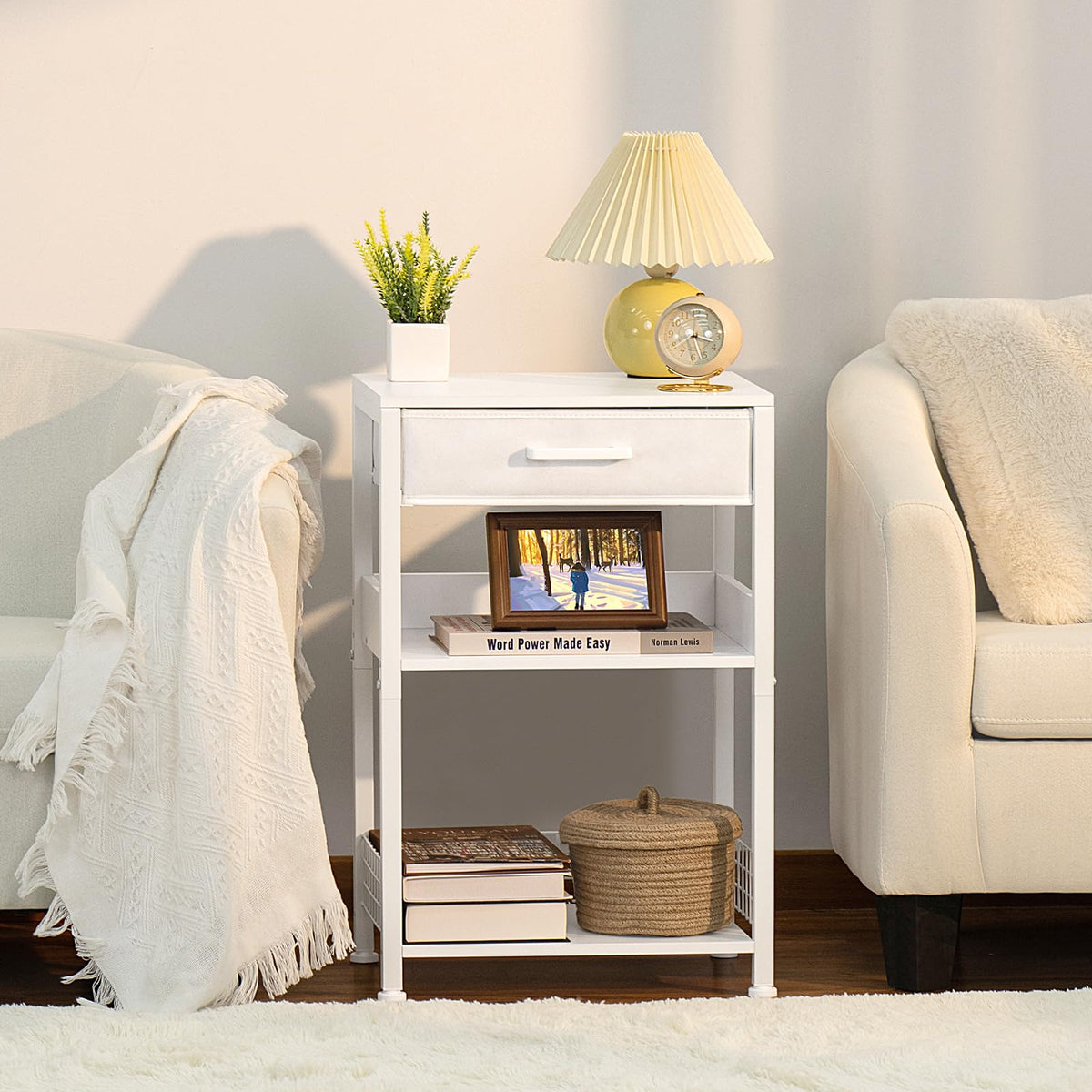 Lerliuo White Printer Stand with Fabric Drawer, 3 Tier Industrial Side Table, Modern Small Printer Desk Holder with Storage Shelf,Multi-Functional Bedside Tables for Home Office Fax Machine Scanner