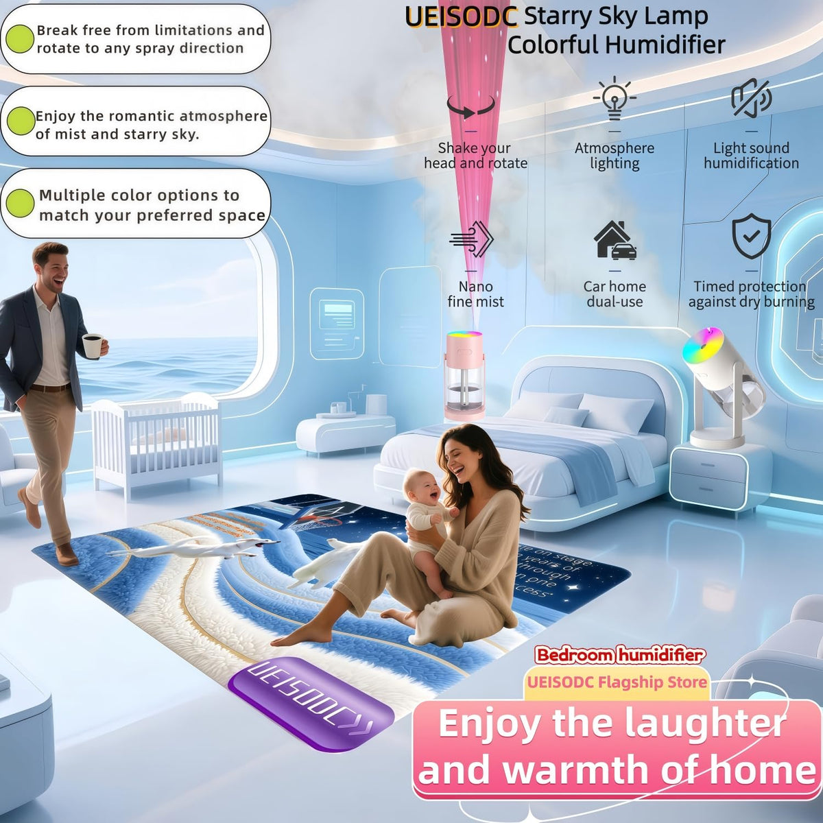 UEISODC bedroom humidifier, desktop USB humidifier, car air freshener, relieves tight skin, cough, nasal congestion, allergies and dry air，With automatic shutdown, silent operation