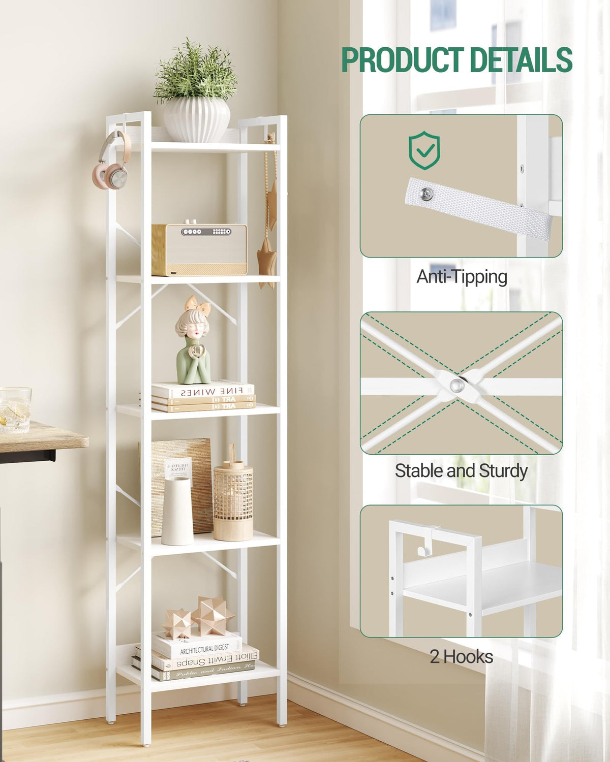 Hzuaneri Bookshelf, Book Shelf, Industrial Bookcase with 2 Hooks, Coner Shelf Storage Organizer for Home Office, Living Room, Bedroom, Kitchen, 5-Tier White BC10513W