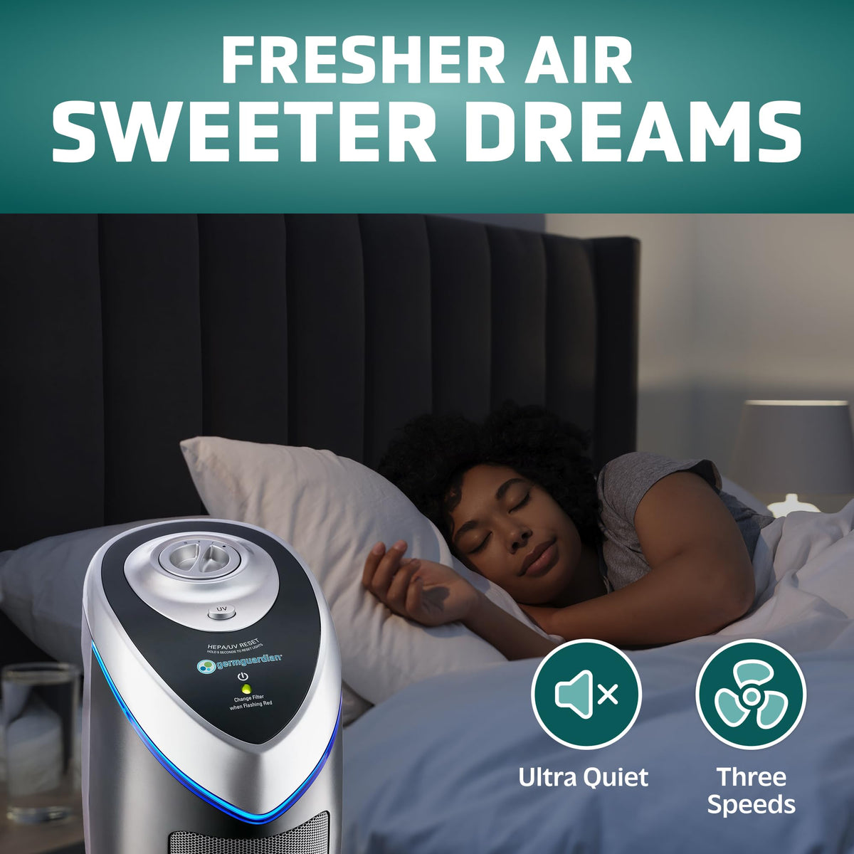 GermGuardian 4-in-1 HEPA Air Purifier for Home, Large Rooms Up to 743 Sq. Ft. with HEPA Air Filter, UV-C Light & Odor Reduction, AC4825E, 22 Tower Gray"