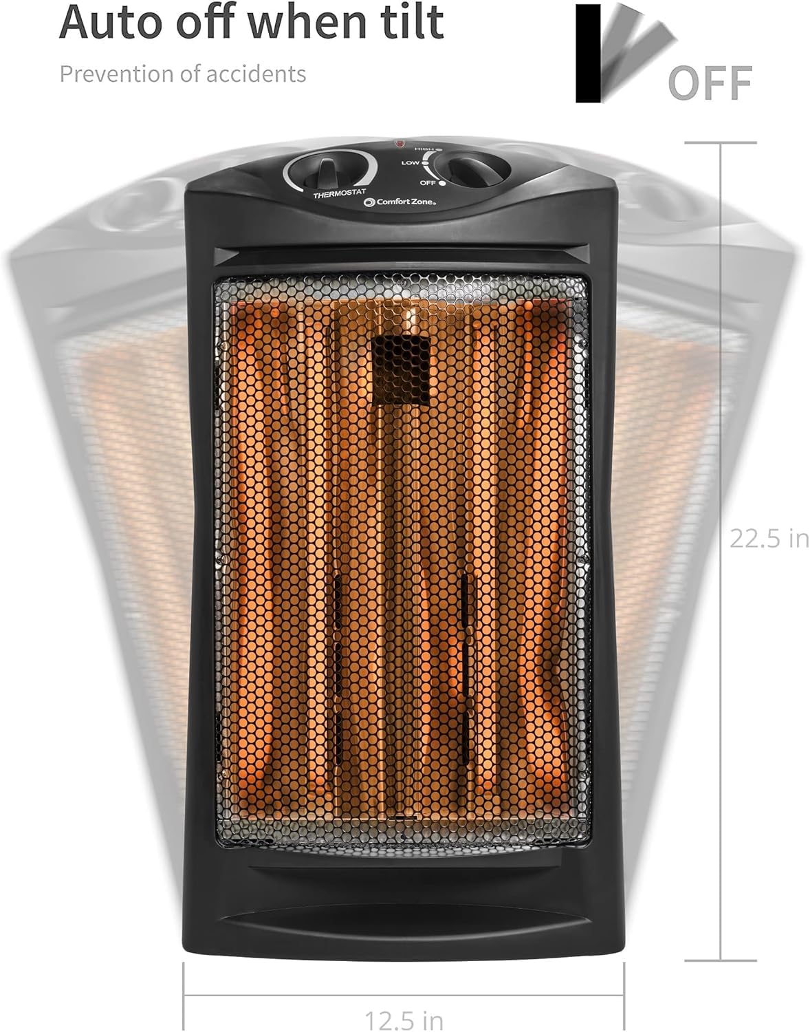 Comfort Zone Space Heaters for Indoor Use, Portable Electric Heater, Adjustable Thermostat, Infrared Heat, Quartz Tower Space Heater with 2 Heat Settings, Bedroom Heater, Black