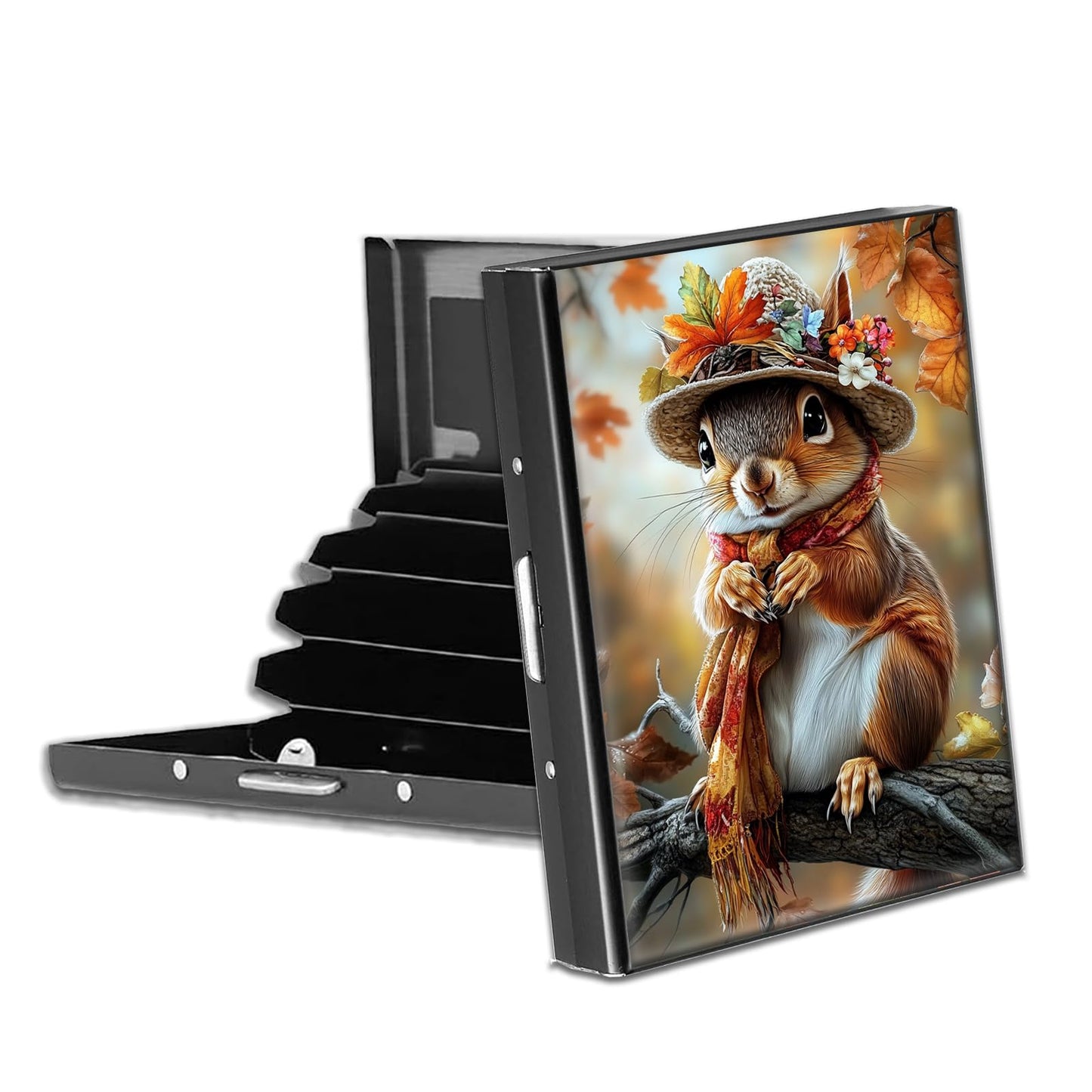 VACGBJPG Metal Credit Card Wallet, RFID Blocking Credit Card Holder with 6 Slot, Mini Slim Hard Card Case, Small ID Case for Women Men, Business Card Holders (Cute Squirrel Wearing a Hat)
