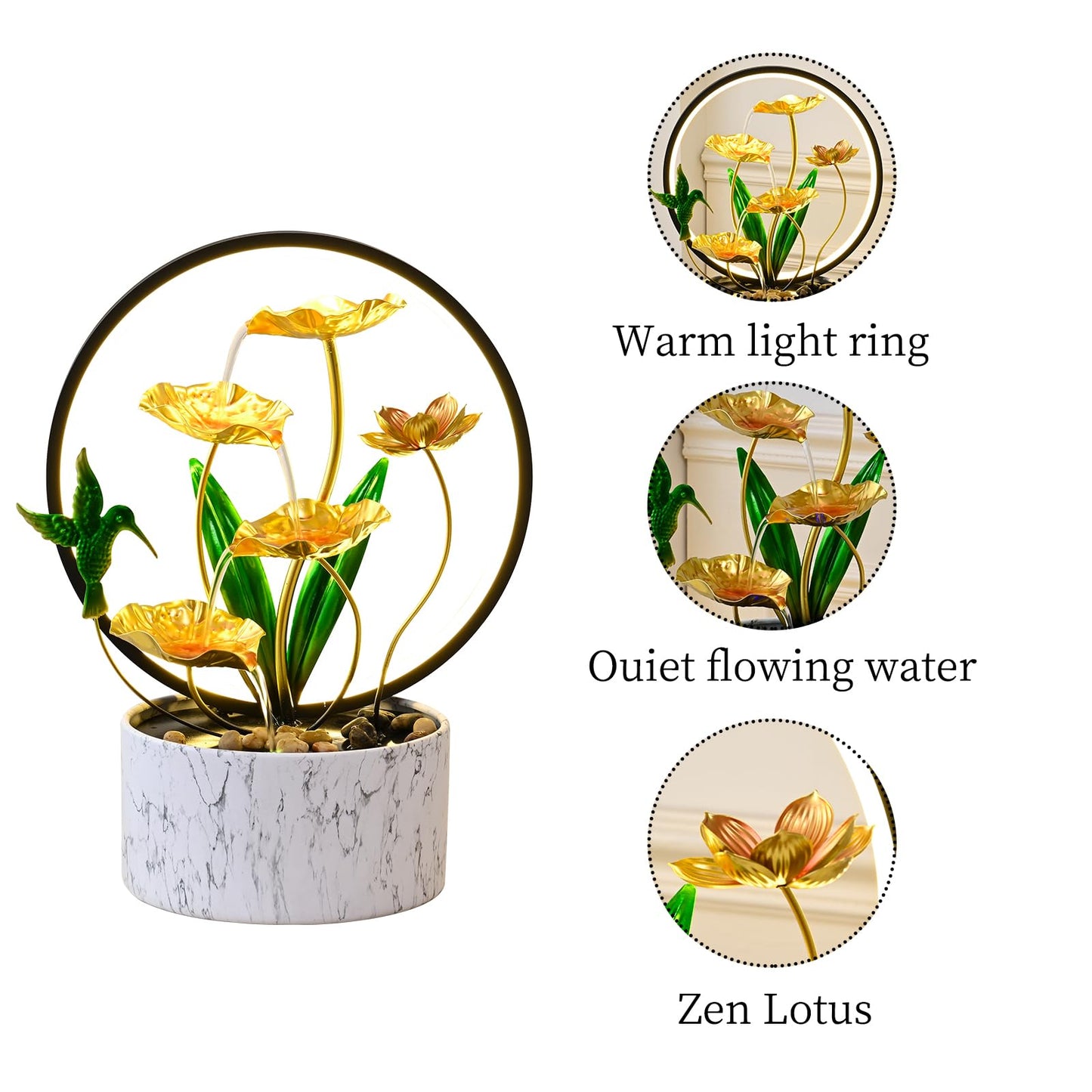Romway 15" H Indoor Modern Tabletop Water Fountain LED Light, Yoga Meditation Room Mother's Day Decor Lotus Flower Floor-Standing Fountain