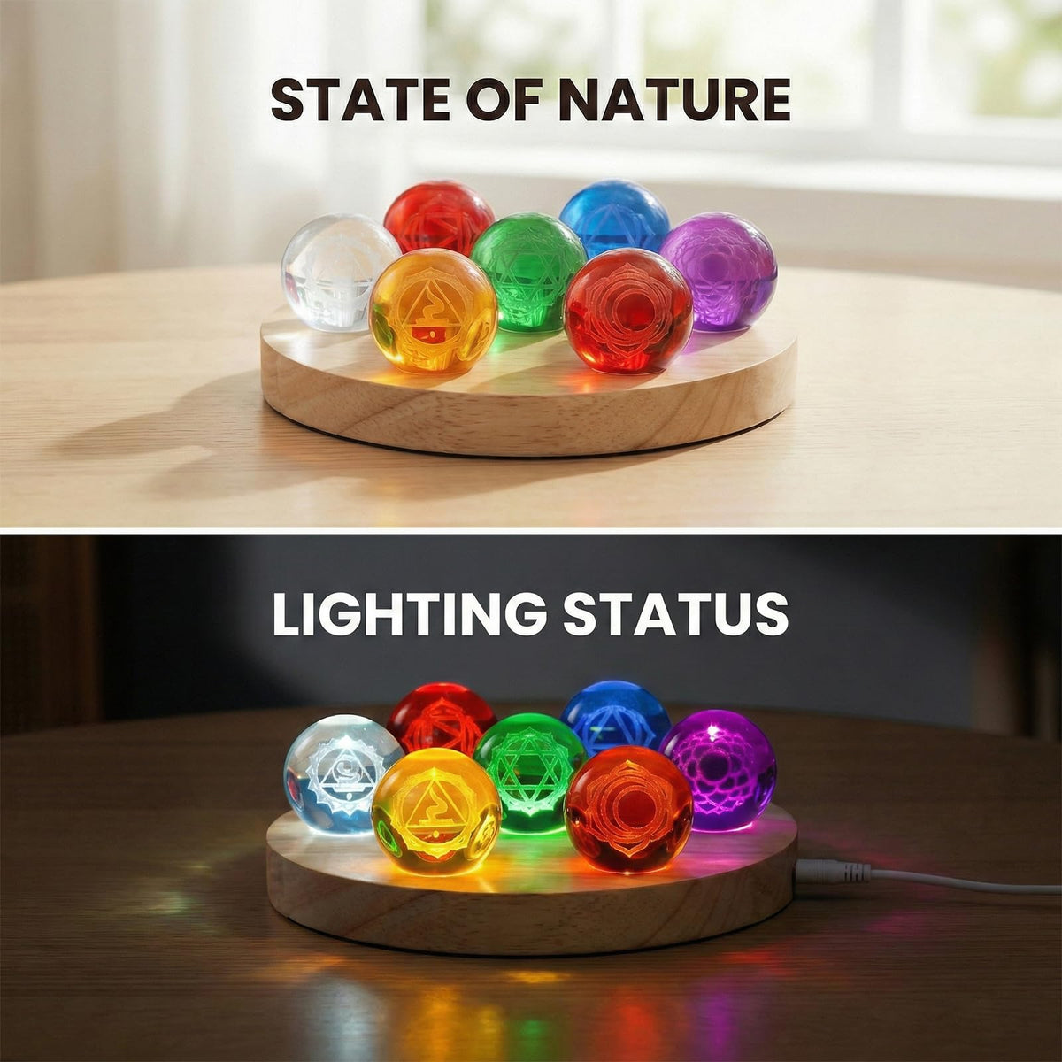 Hivexagon 7 40mm Chakra Crystal Ball Equipped with LED Wooden Base Come with Dimmer and Timer Cable for Meditation, Feng Shui Divination, Night Light Decorative, Gift (16X16X2cm)