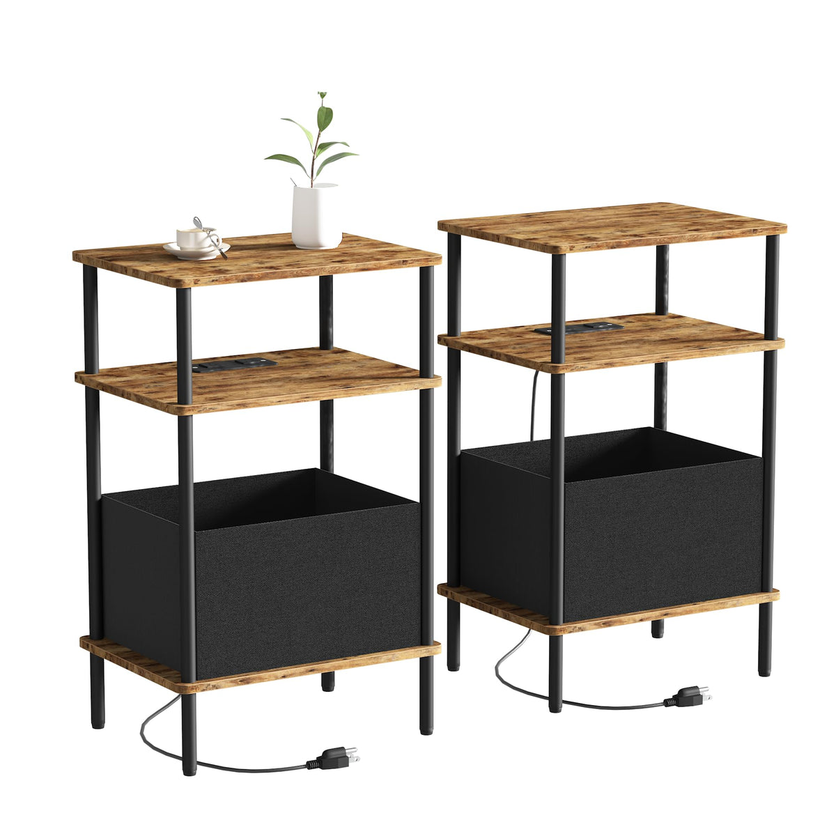Newmics Small Side Table with Charging Station, Set of 2 End Table for Small Spaces, Slim Nightstand with Outlet,Sofa Beside Table,Living Room, Bed Room, Rustic Brown