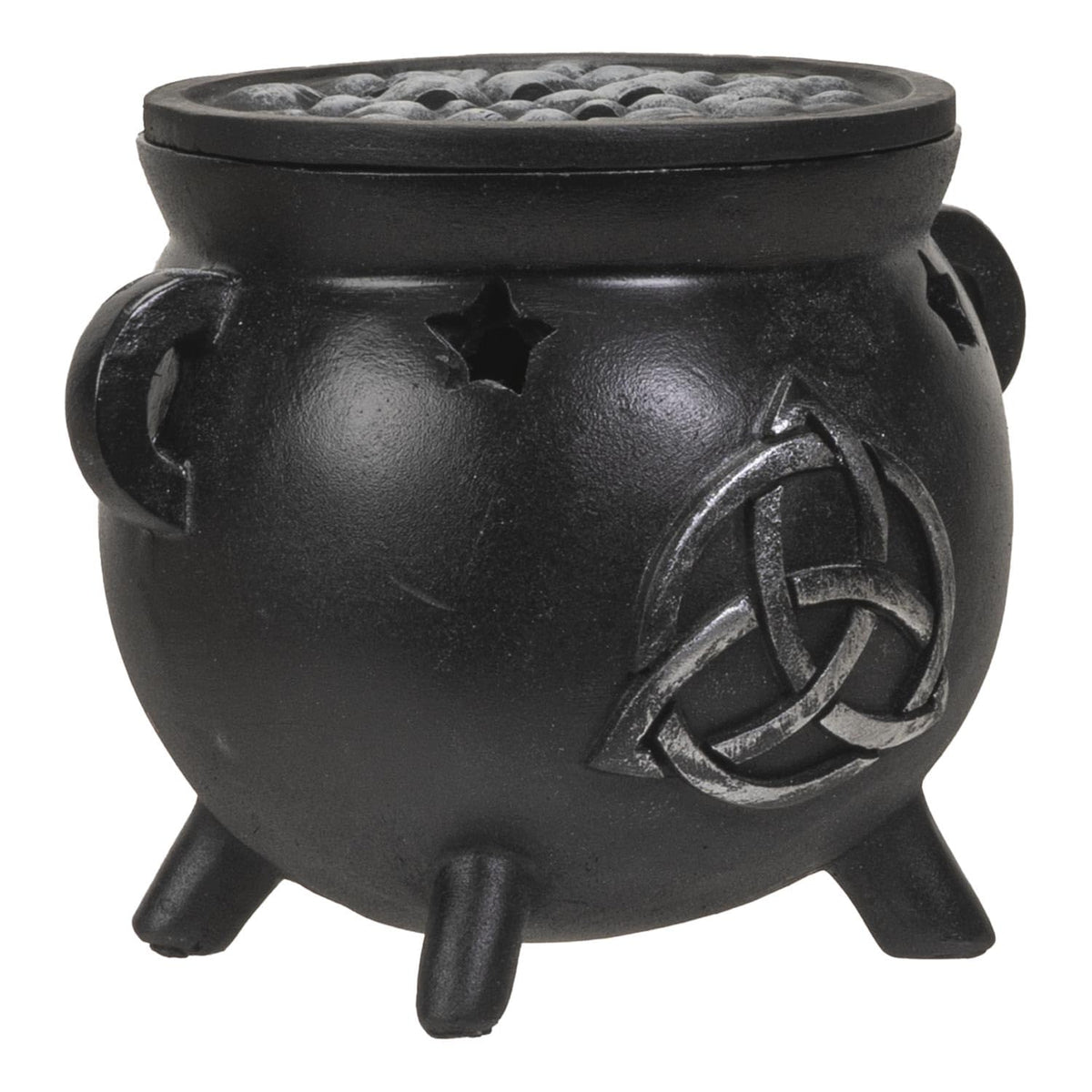 Summit Collection Gifts Black Wicca Celtic Triple Knot Cast Iron Cauldron Incense Cone Burner with Lid Triquetra Symbol Design with Star Cutouts Polyresin Home Decor 3.14" H