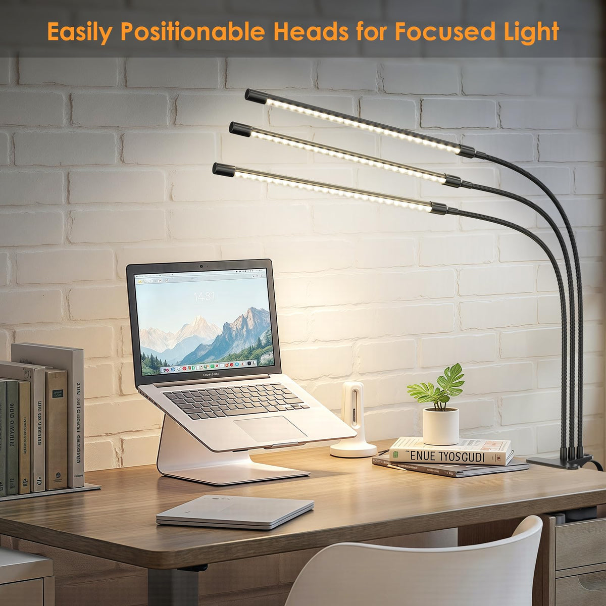 ShineTech LED Desk Lamp with Clamp, 3-Head Adjustable Gooseneck Task Lamps, Eye-Caring Stepless Dimming, 4 Color Modes, Memory & Auto-Off Timer, Clip On Desk Light for Home Office, Study, Reading