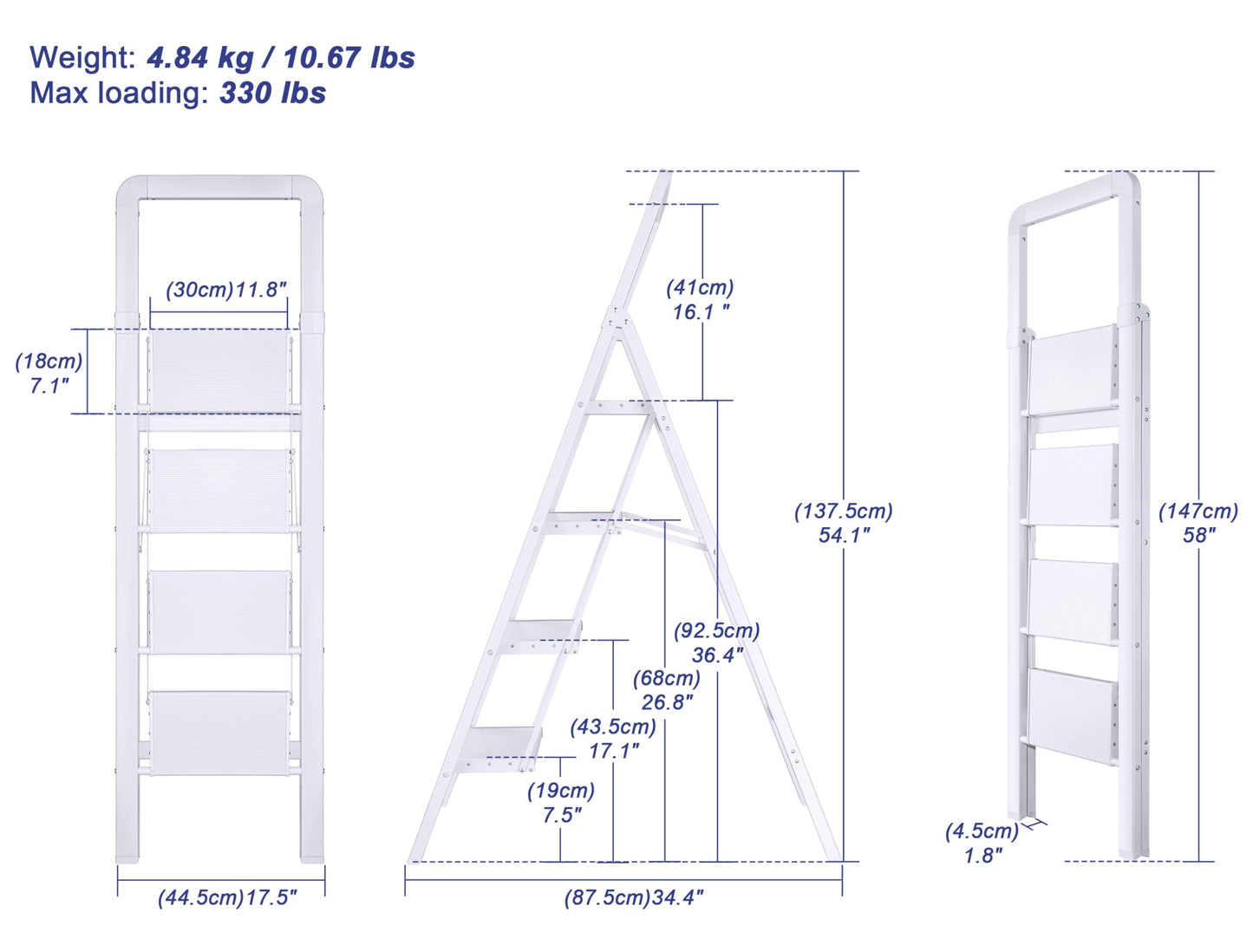 BIBKOKE Step Ladder 4-Step White Finish Aluminum Folding Step Ladders,Anti-Slip Max 330 lbs