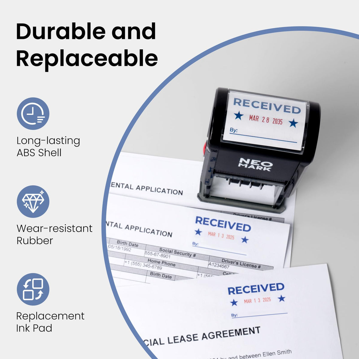 NEO MARK Large Self-Inking Date Office Stamp with Received Blue Ink & Date Red Ink, 12-Year Adjustable Rubber Dater, Ideal for Documents, Business & Accounting - with an Extra Refill Ink Pad