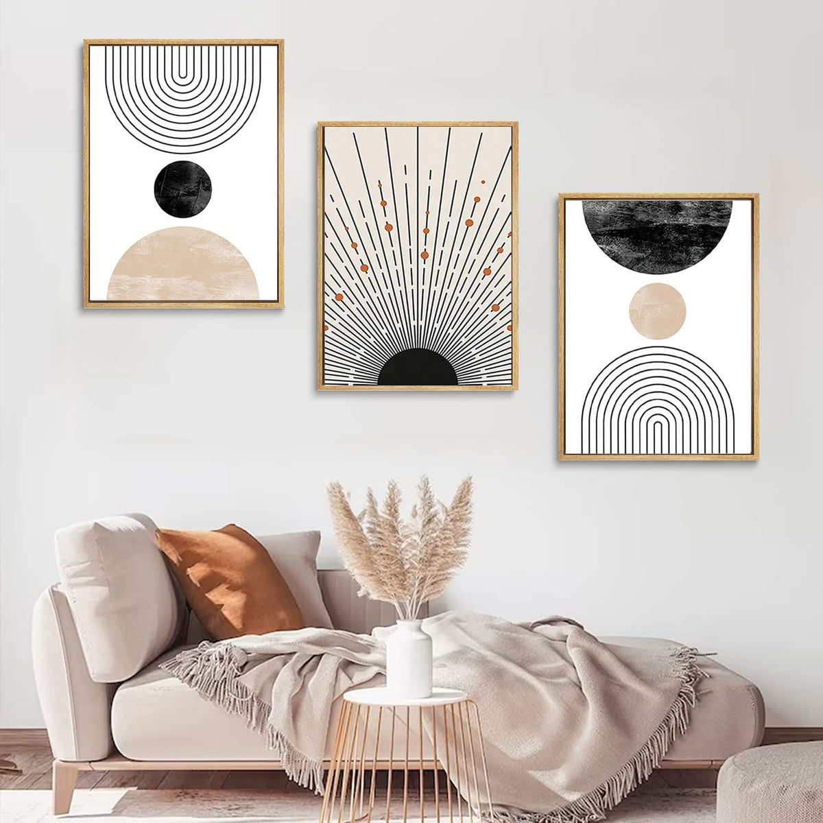 LOARTVE 3Pcs Beige Boho Wall Art Mid Century Modern Wall Decor Pictures Neutral Abstract Geometric Line Minimalist Canvas Posters Prints for Living Room Bedroom Office Home Decoration Unframed