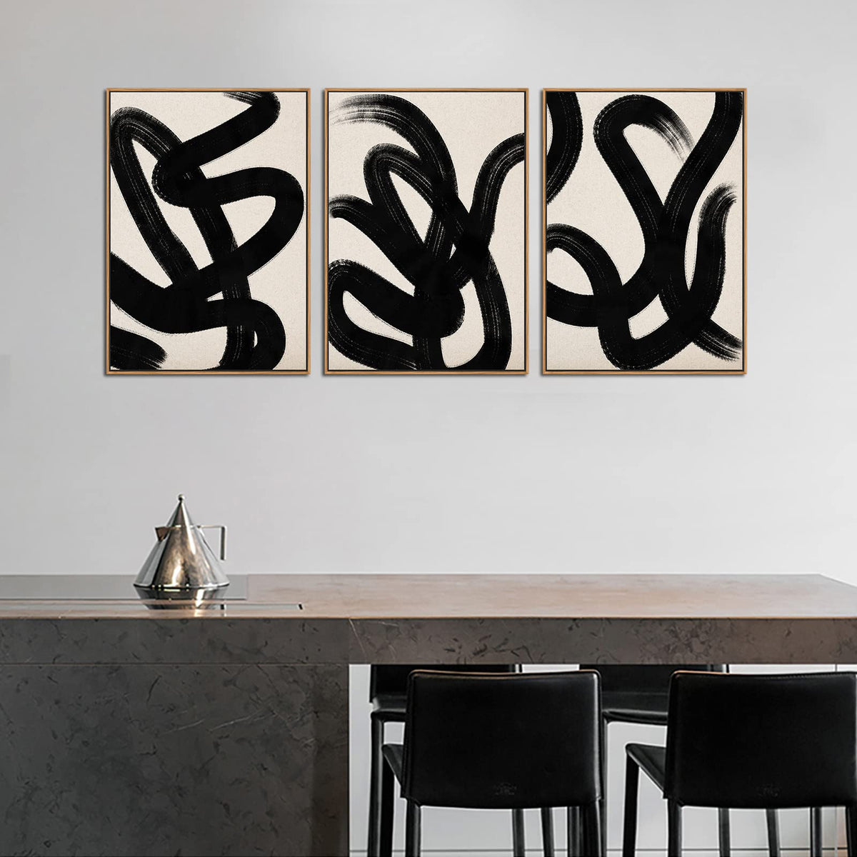 Framed Wall Art Canvas Set Abstract Lines Pictures Modern Mid Century Boho Wall Decor Minimalist Abstract Black Stroke Lines Canvas Painting Artwork Living Room Bedroom Home Office 20"x28"x3 Natural