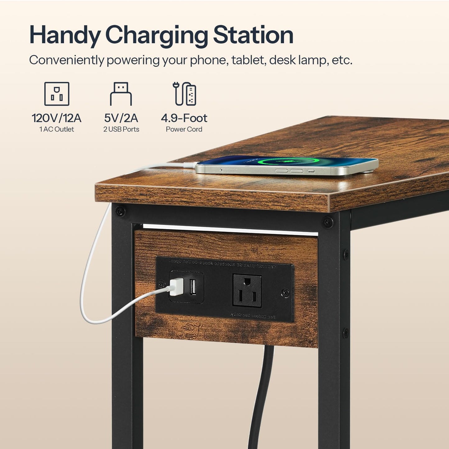HOOBRO Wedge End Table with Charging Station, Recliner Wedge Side Table with Open Storage Shelves, Industrial Triangle Accent Table for Small Spaces, Corner, Living Room, Rustic Brown BF64UBZ01G1