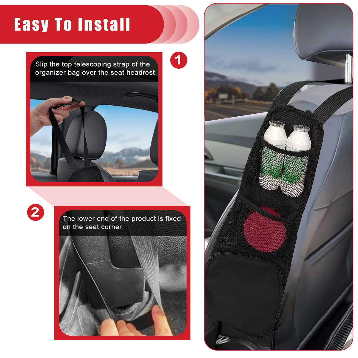QUICTO 2PCS Car Seat Storage Hanging Bag, Multi-Pocket Seat Side Organizer, Multifunctional Mesh Net Pocket, Can Hold Mobile Phone, Wallet, Glasses, Suitable for Cars, SUVs, Trucks