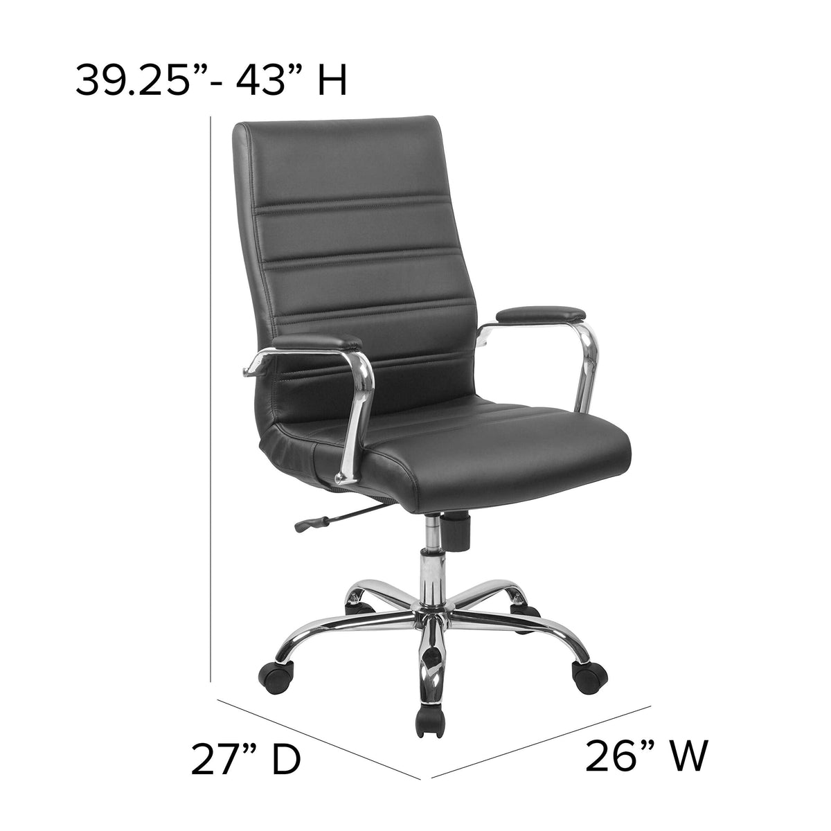 Flash Furniture Whitney High-Back Swivel LeatherSoft Desk Chair with Padded Seat and Armrests, Adjustable Height Padded Office Chair, Black/Chrome