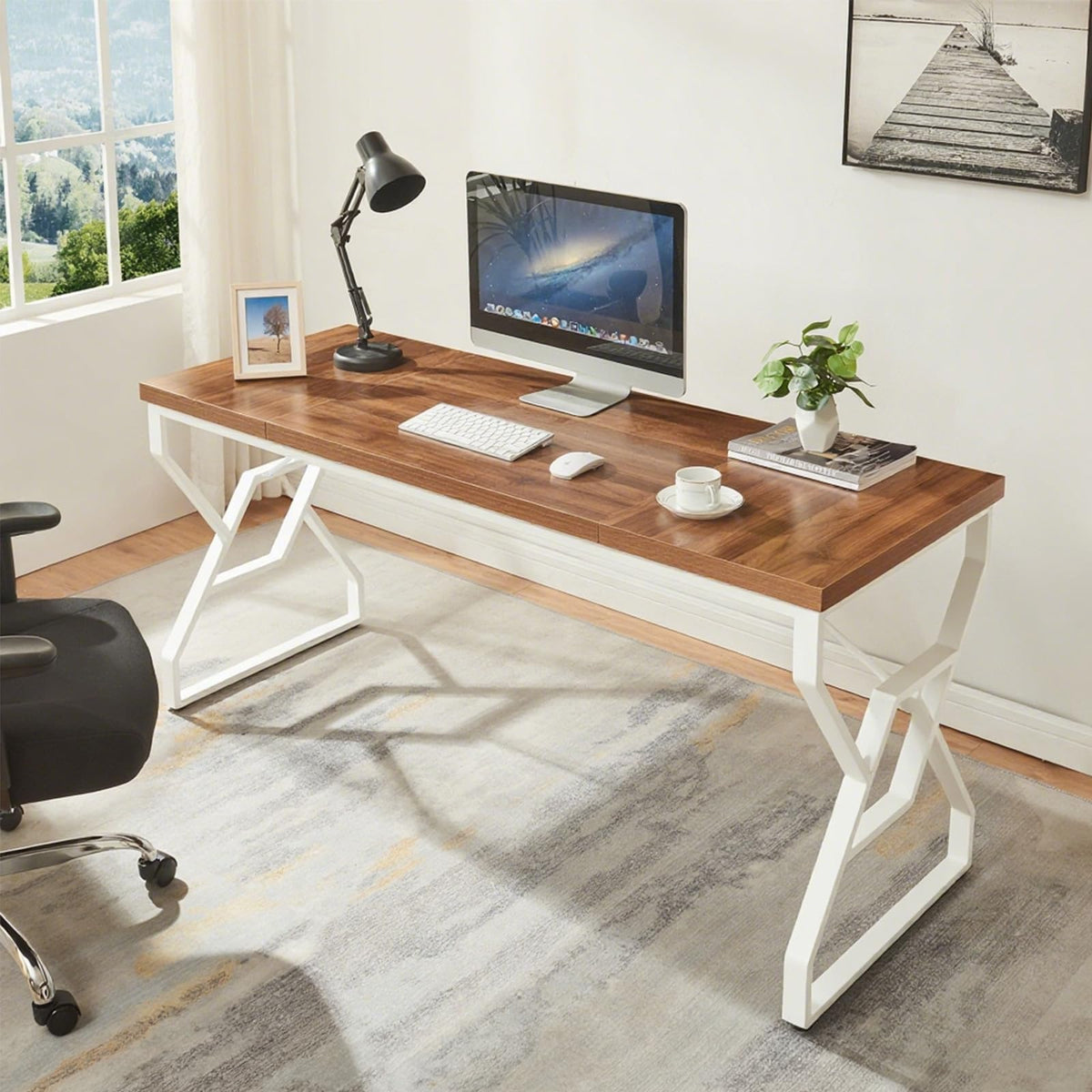 HOMISSUE 63-inch Executive Desk, Large Writing Desk with Engineered Wood Tabletop and Metal Frame, Rustic Home Office Desks with Sturdy Structure, Long Computer Desks for Home Office, Study Room,White