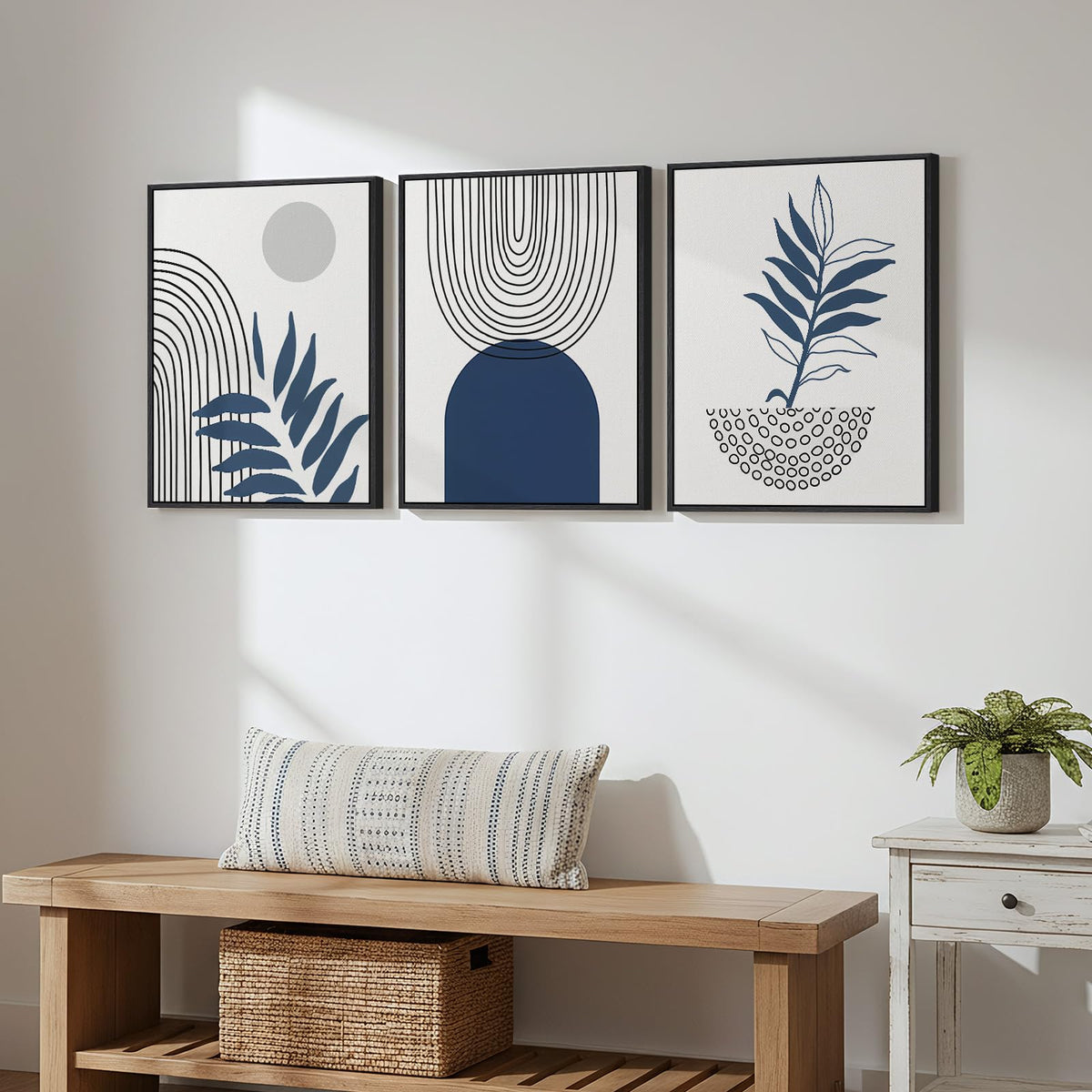 Framed Blue Boho Wall Art for Room Decor, 3 Piece Botanical Line Artwork for Walls, Mid Century Modern Blue Canvas Pictures Prints for Living Room Bedroom Hallway Office Apartment Wall Decor, 12x16 In