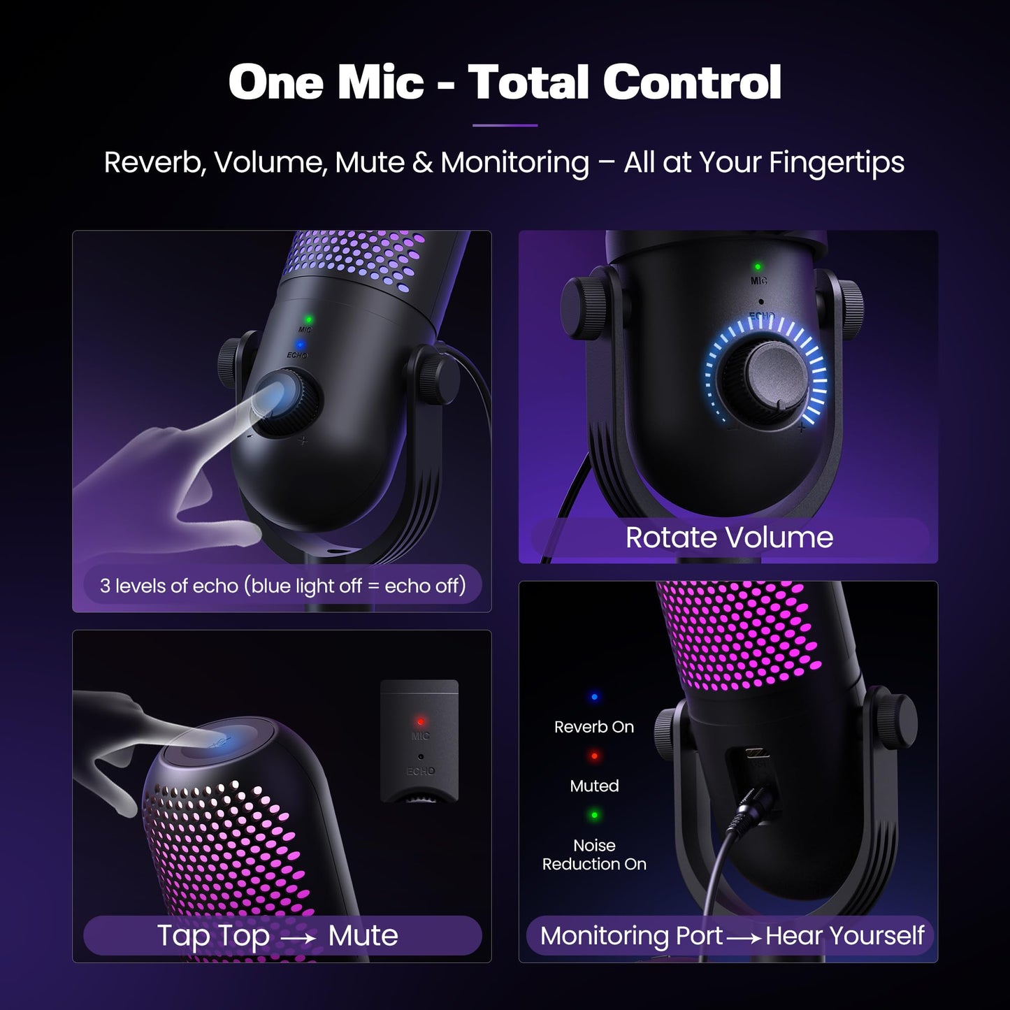 USB Microphone for PC Gaming: Condenser Microphone RGB for Gamer with Stand Mic - Recording Mic for Computer&Laptop with Qiuck Mute - Desk Podcast Mic for Podcast & Singing & Streaming & Youtube Black