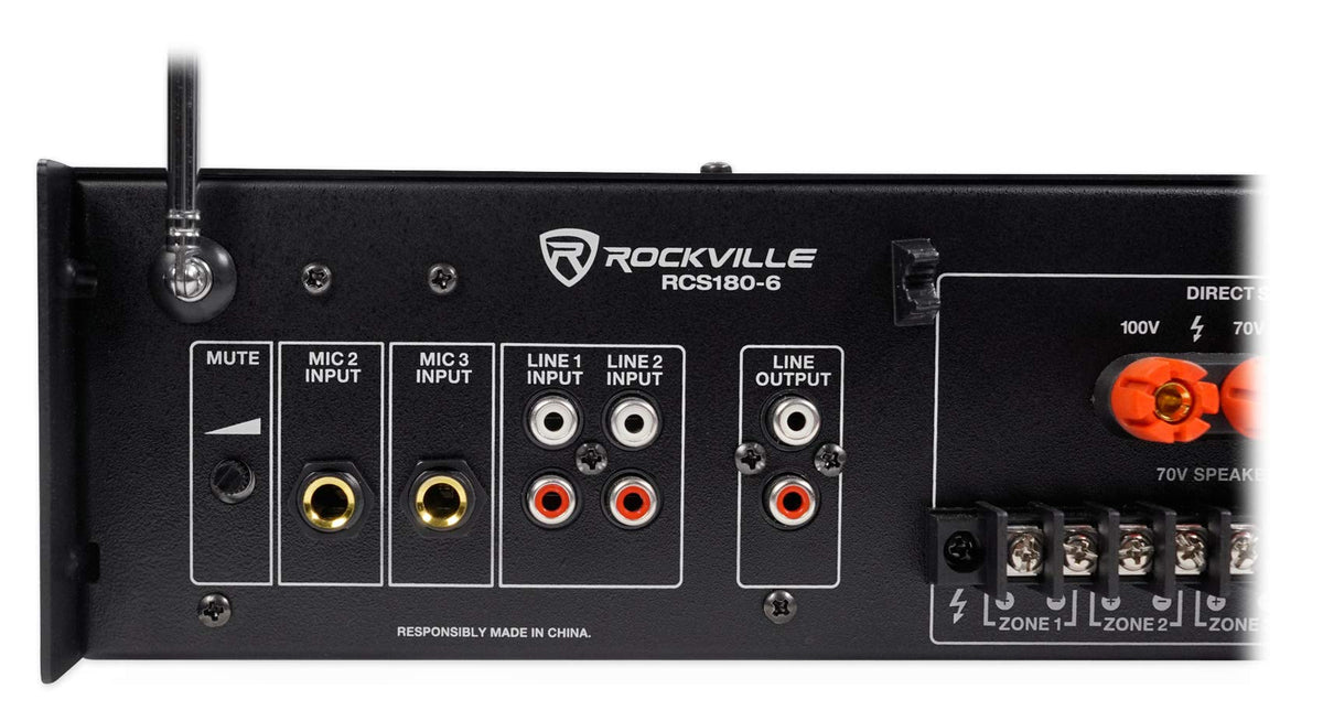 Rockville RCS180-6 180W 6-Zone 70v Commercial Amplifier, Bluetooth, USB/SD/RCA, Mic, Optical Inputs, FM, for Restaurants/Offices