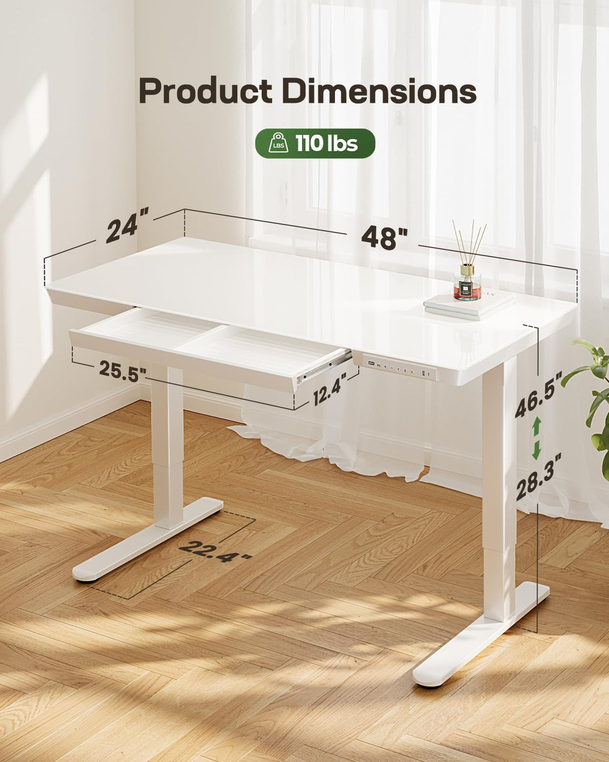 Marsail Glass Standing Desk with Drawer, 48x24 inch,Sit Stand Desk with One-Piece Tabletop & USB Charging Ports, Computer Table with Storage for Home & Office White