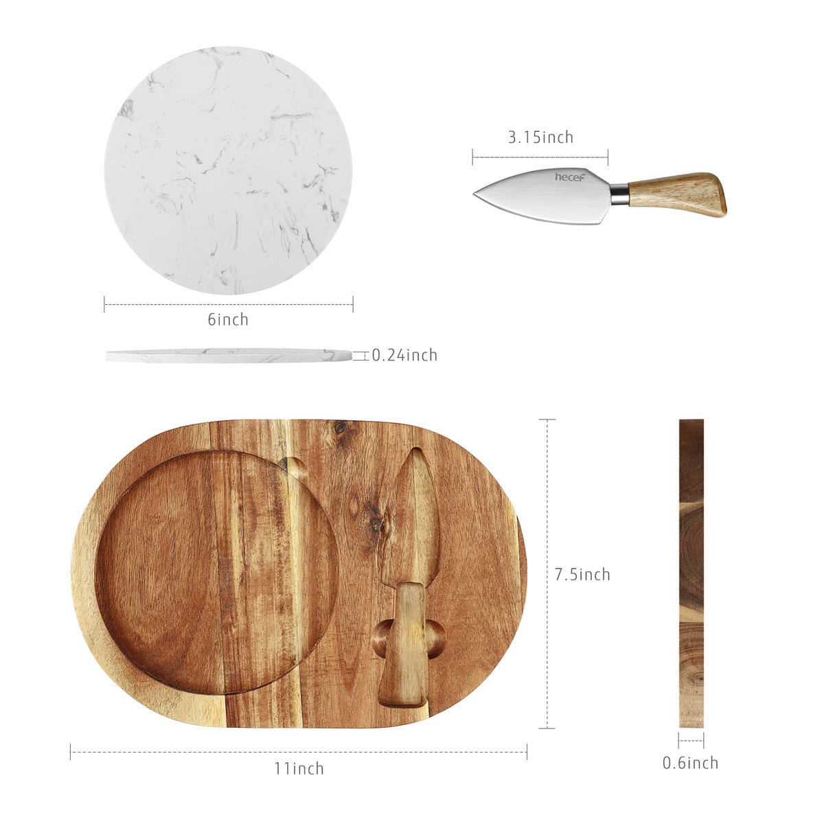 hecef Oval Wooden Cheese Board Set, Acacia Wood Cheese Serving Board with White Marble & Cheese Knife, Cheese Serving Tray for Cheese, Cake, Appetizers