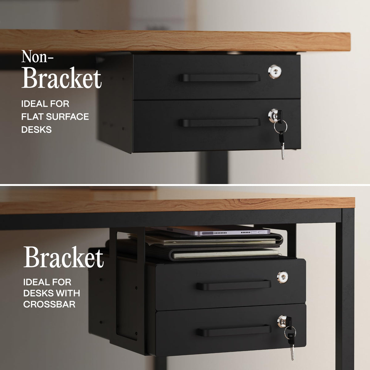Under Desk Drawer Slide-Out – Lockable Metal Storage Drawers with Cable Management for Office & Home (Double, Non-Bracketed)