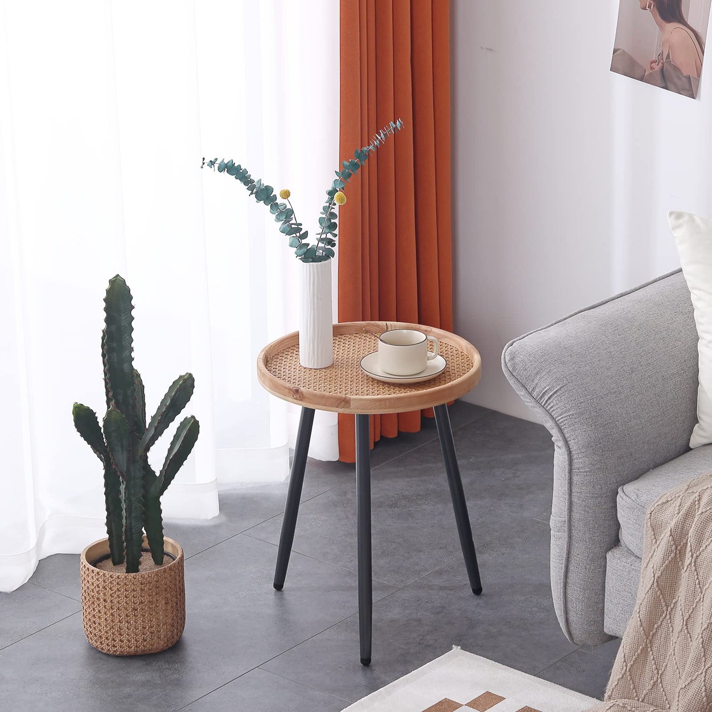 Tiita Rattan Round End Table Mental Side Table Nightstand/Small Wood Tables Accent Coffee Table with Wooden Tray for Living Room Bedroom Office Small Space