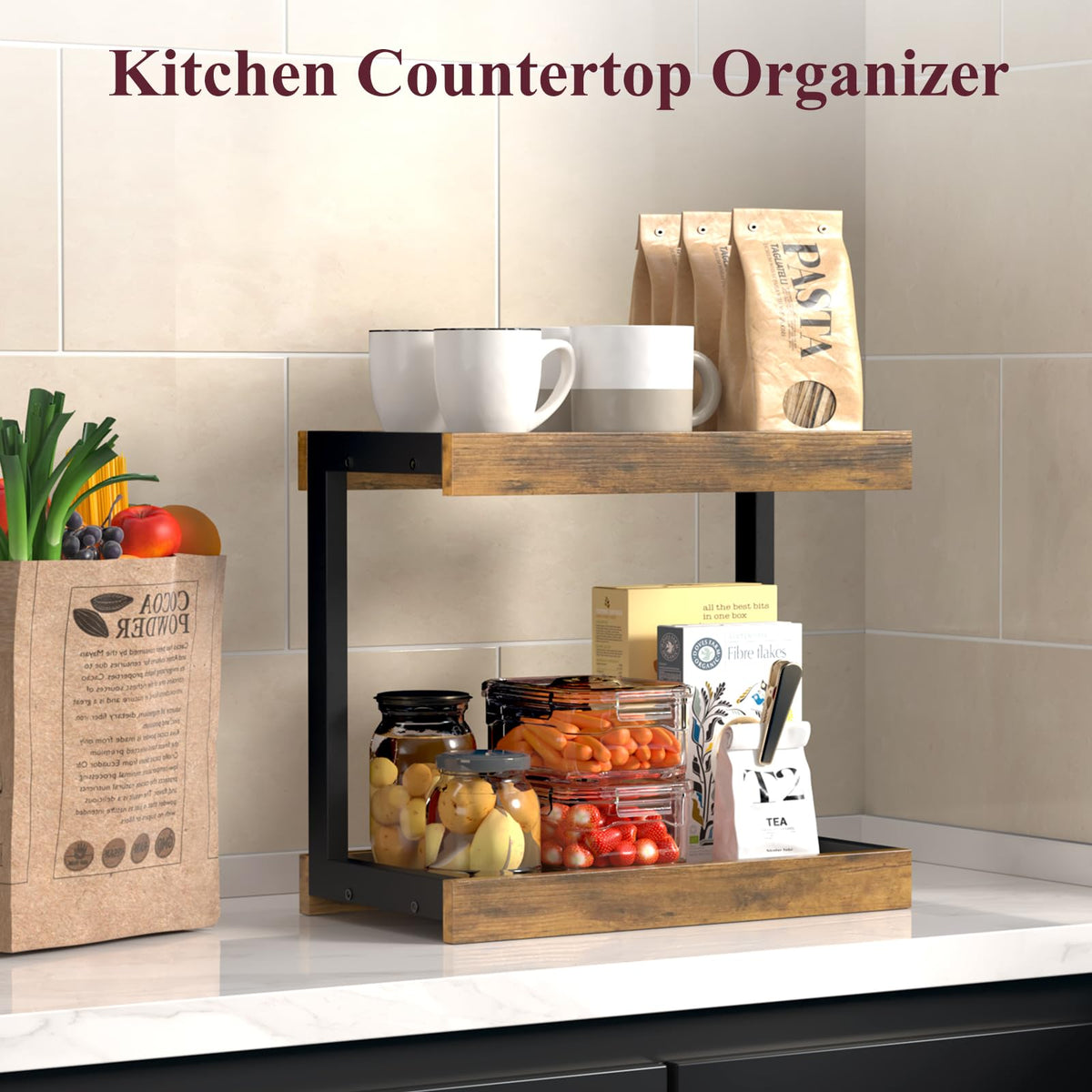 MARTY 2 Tier 15.75"x8.9" Large Countertop Shelf Organizer Spice Rack, Coffee Station Organizer for Mugs Cups, Wooden Shelf Desktop Storage Organizer for Kitchen Bathroom Home Office (Rustic Brown)