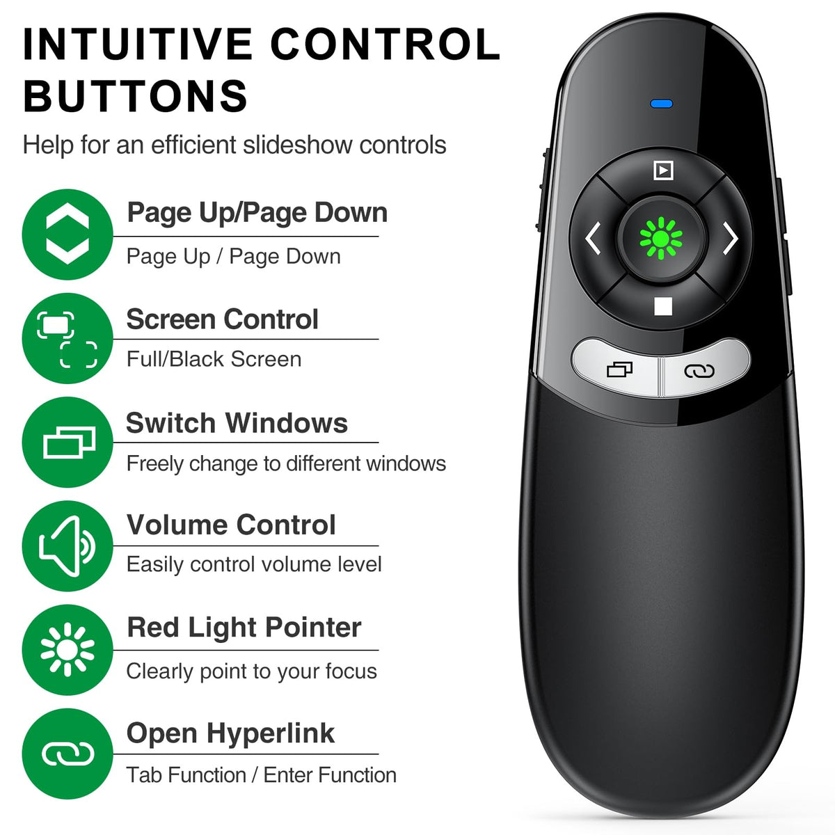 DINOSTRIKE USB A and USB C Presentation Clicker Green Light, RF 2.4GHz Wireless Presenter Remote Powerpoint Clicker Slide Advancer for Mac Laptop Computer Office Classroom