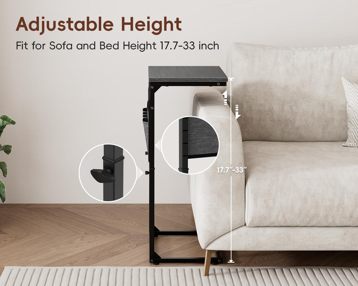 Vagusicc C Shaped End Table with Charging Station, 33" Tall Side Table for Couch, Sofa Table Adjustable Height Couch Side C Table, Slide Under Sofa Tray Table for Living Room Bedroom, Gray Walnut