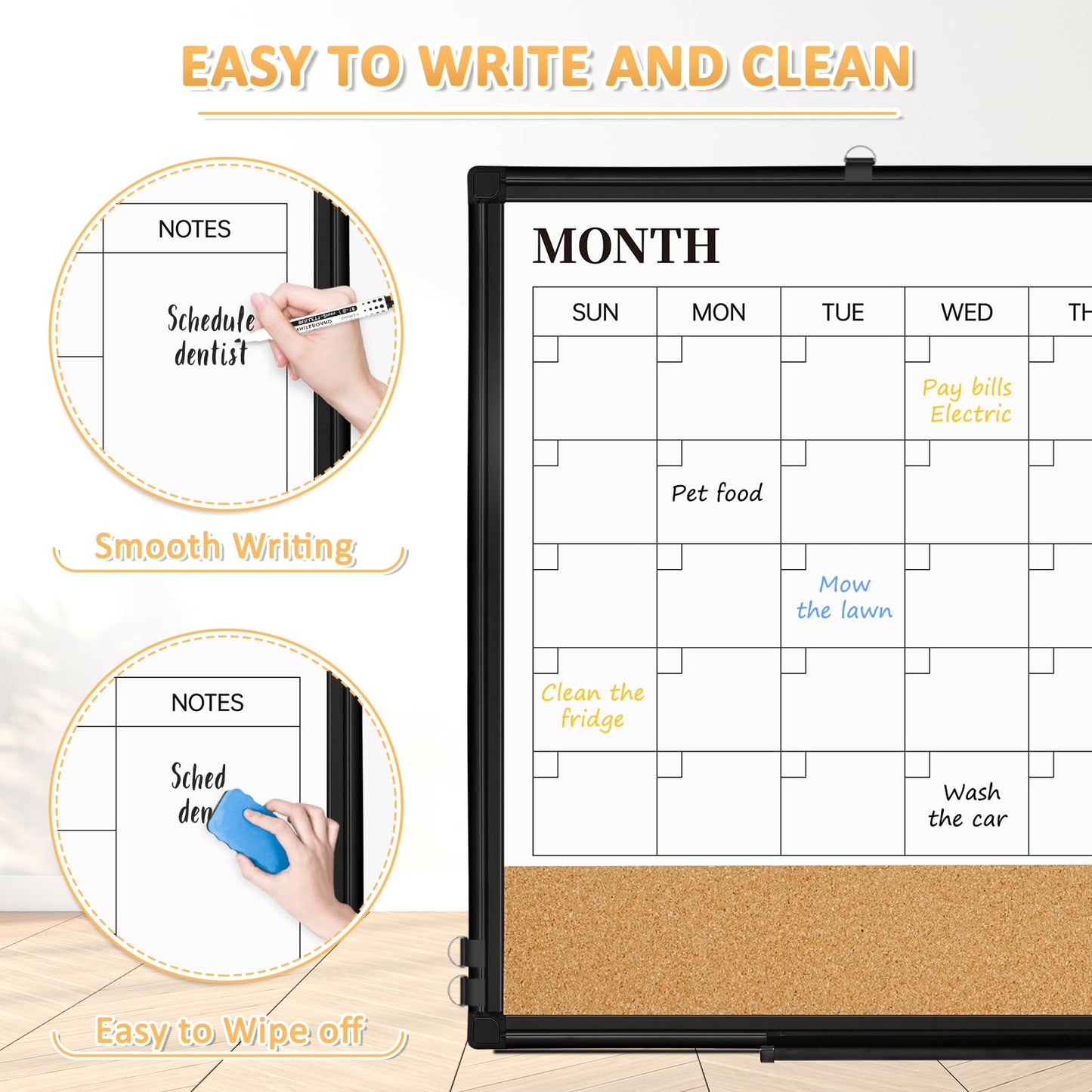 QUEENLINK Dry Erase Calendar Board for Wall, 24"x18" Magnetic Whiteboard Calendar Double-Sided Monthly White Board with Cork Board, Black Aluminum Frame Memo Message Board for Office, Home, School