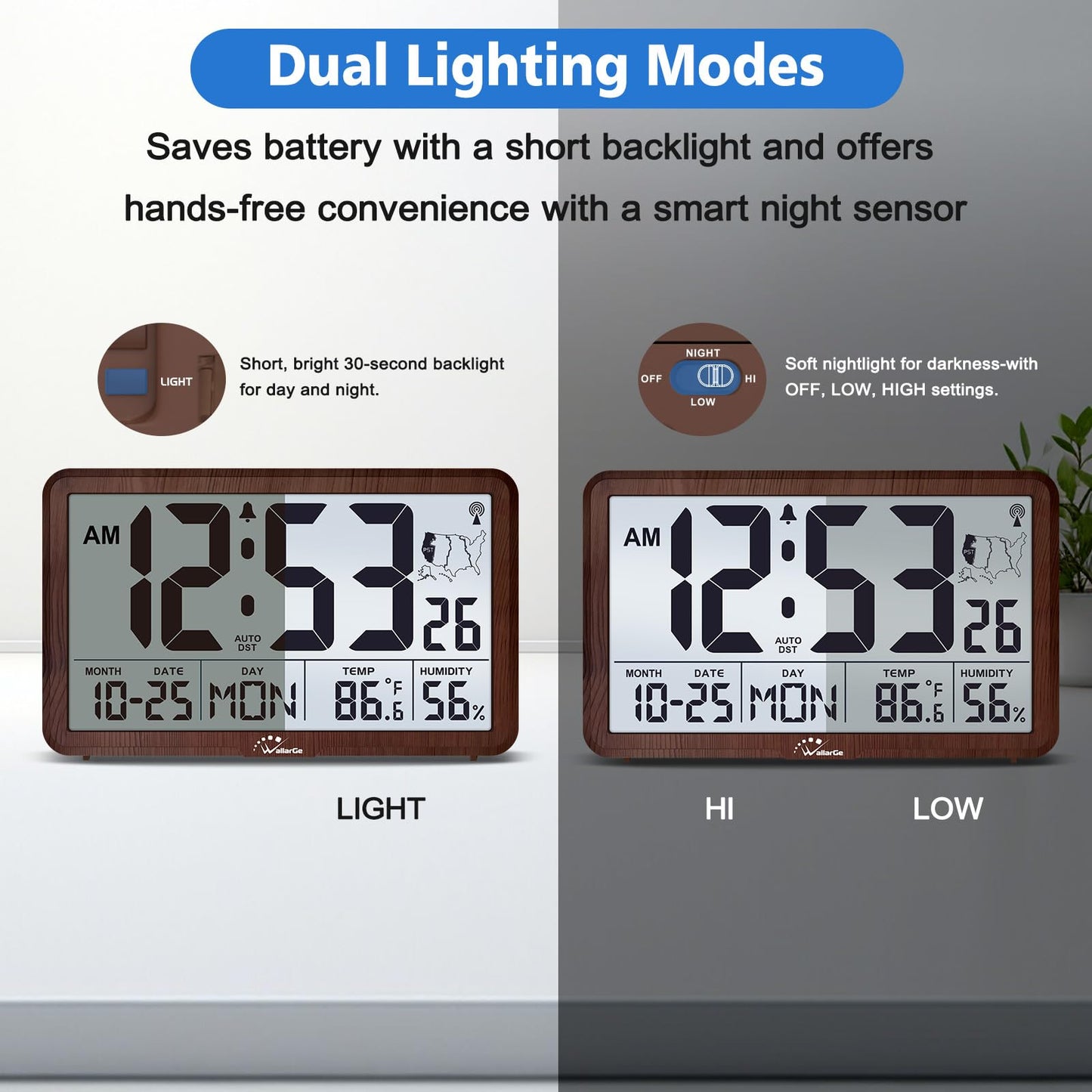 WallarGe Atomic Wall Clock with Backlight, Digital Wall Clock Battery Operated for Classroom, Bedroom, Office, Large Display with Indoor Temperature, Humidity, Date, AUTO DST, 6 Time Zones