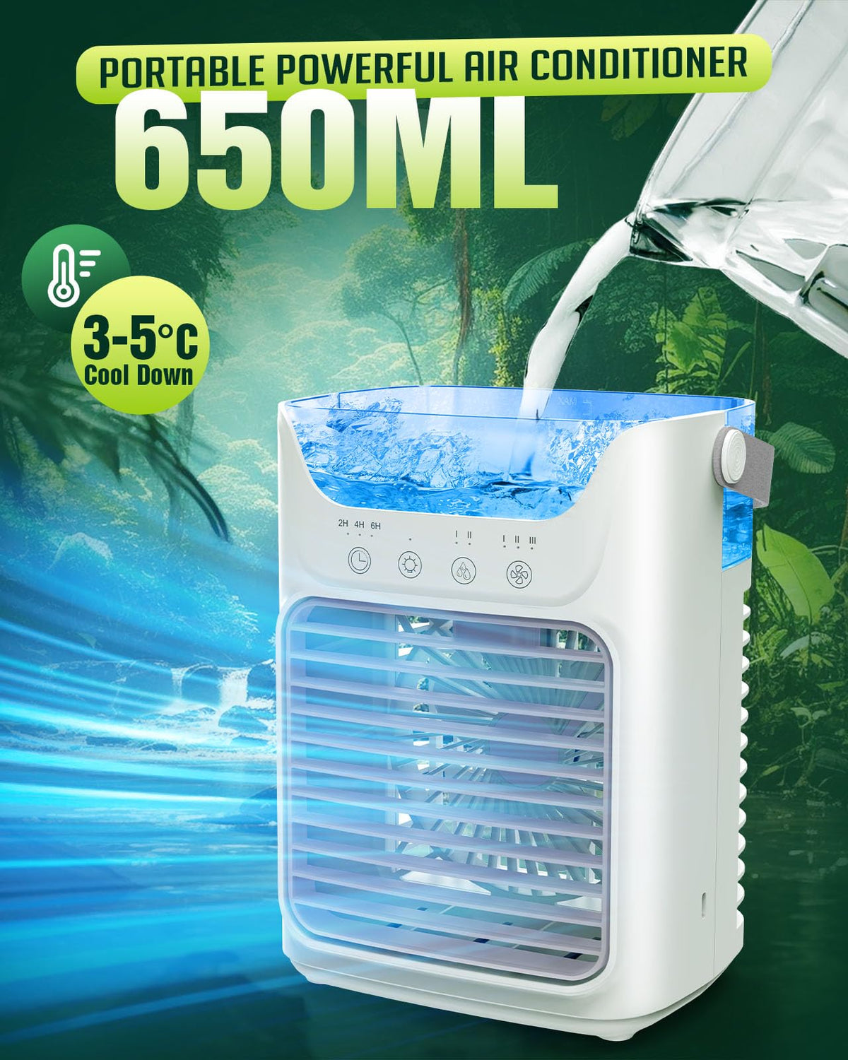 Portable Air Conditioners, 3 Wind Speeds & 7 LED Lights Evaporative Personal Air Cooler, 4 in 1 Portable AC with 650 mL Large Water Tank, Mini Air Conditioner for Bedroom/Car/Home/Camping/Room