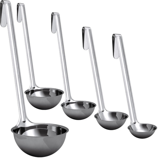 Sturdy, Ergonomic Combo Sizes Ladles 5 Pk. 1 2 4 6 8 Oz Stainless Steel Ladle with Long Handles. Best Kitchen Supplies for Stirring, Portioning and Serving Soup, Chili and Stew in Restaurants and Home