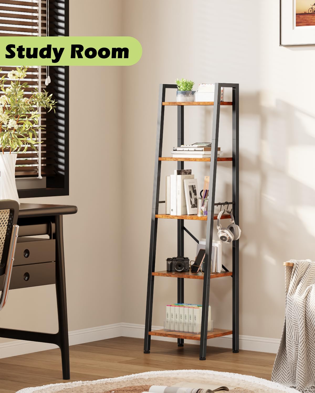 Furologee 5 Tier Ladder Shelf Bookcase, Tall Narrow Bookshelf with 2 Hooks, Rustic Brown Bathroom Corner Book Shelf, Metal Wood Book Case Standing Unit, Display Shelf for Living Room Office Kitchen