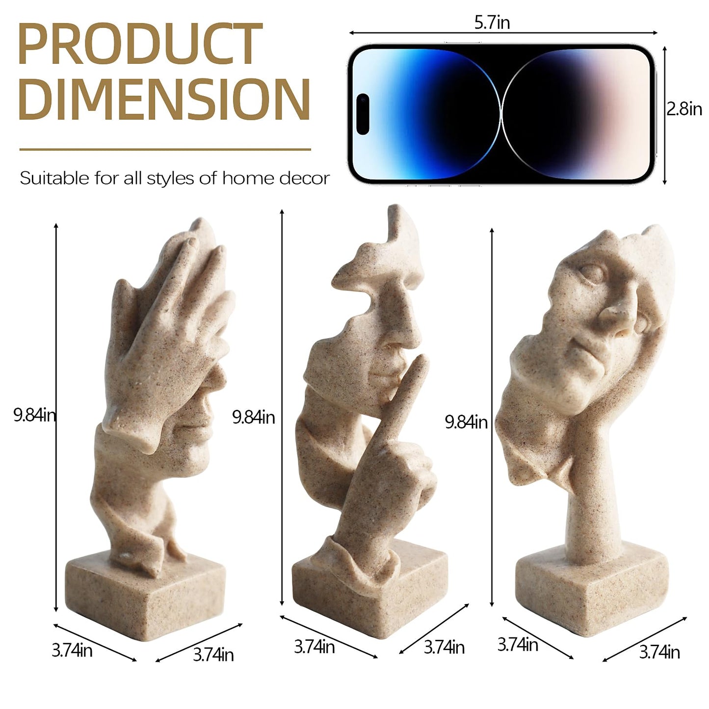 aboxoo Large Size 3 Pcs Thinker Statue, Silence is Gold, See No Evil Hear No Evil Speak No Evil Statues, Modern Resin Sculptures Decor for Living Room, Home, Office Study (Sandy)