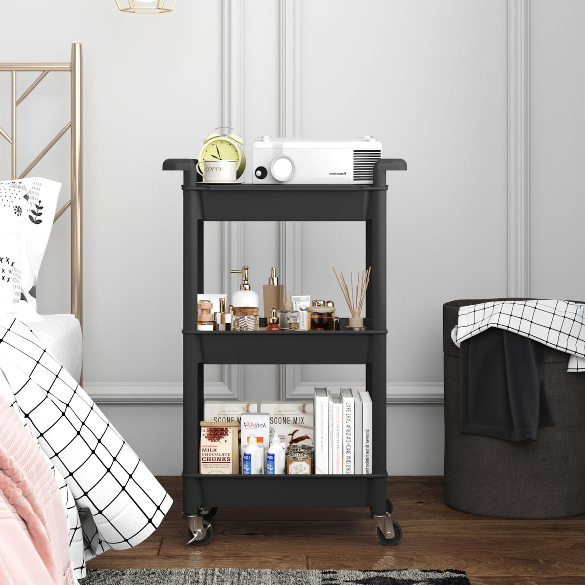 MIOCASA Utility Rolling Cart with Cover Top Board, 3-Tier Kitchen Storage Organization, Art Cart with Wheels for Office, Classroom, Livingroom, Kitchen, Bathroom (Black, 3-Tier-Plastic)