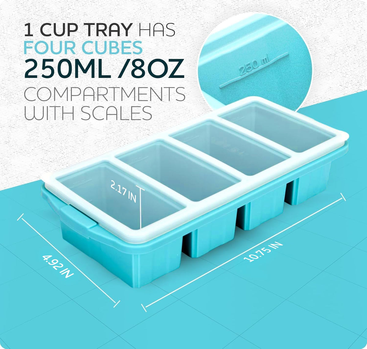 XOMOO Silicone Freezer Tray With Lid - Soup Freezer Container molds - Large Ice Cube Tray- makes 8 perfect 1 cup portions cubes, 2-Pack Freezer Storage Food Soups & Meal Prep - Oven & Dishwasher -Safe
